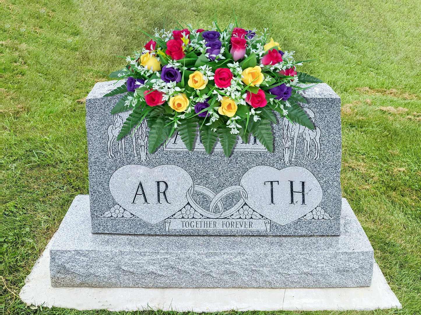 LVXINLI Artificial Cemetery Flowers Saddle-Shaped Tombstone Decorations Non-Fading UV-Resistant（Yellow+Purple+Brilliant Red Saddle）