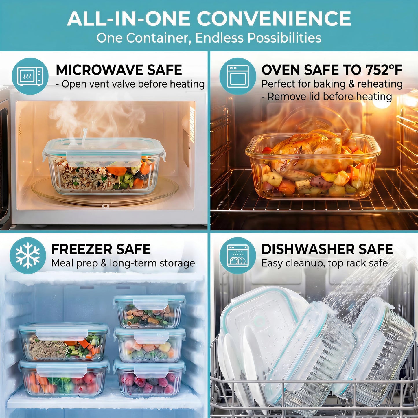 WOVOW 5-Packs, 36 Oz Glass Meal Prep Containers with Snap Locking Lids Glass Food Containers,Airtight Lunch Container,Microwave, Oven, Freezer and Dishwasher