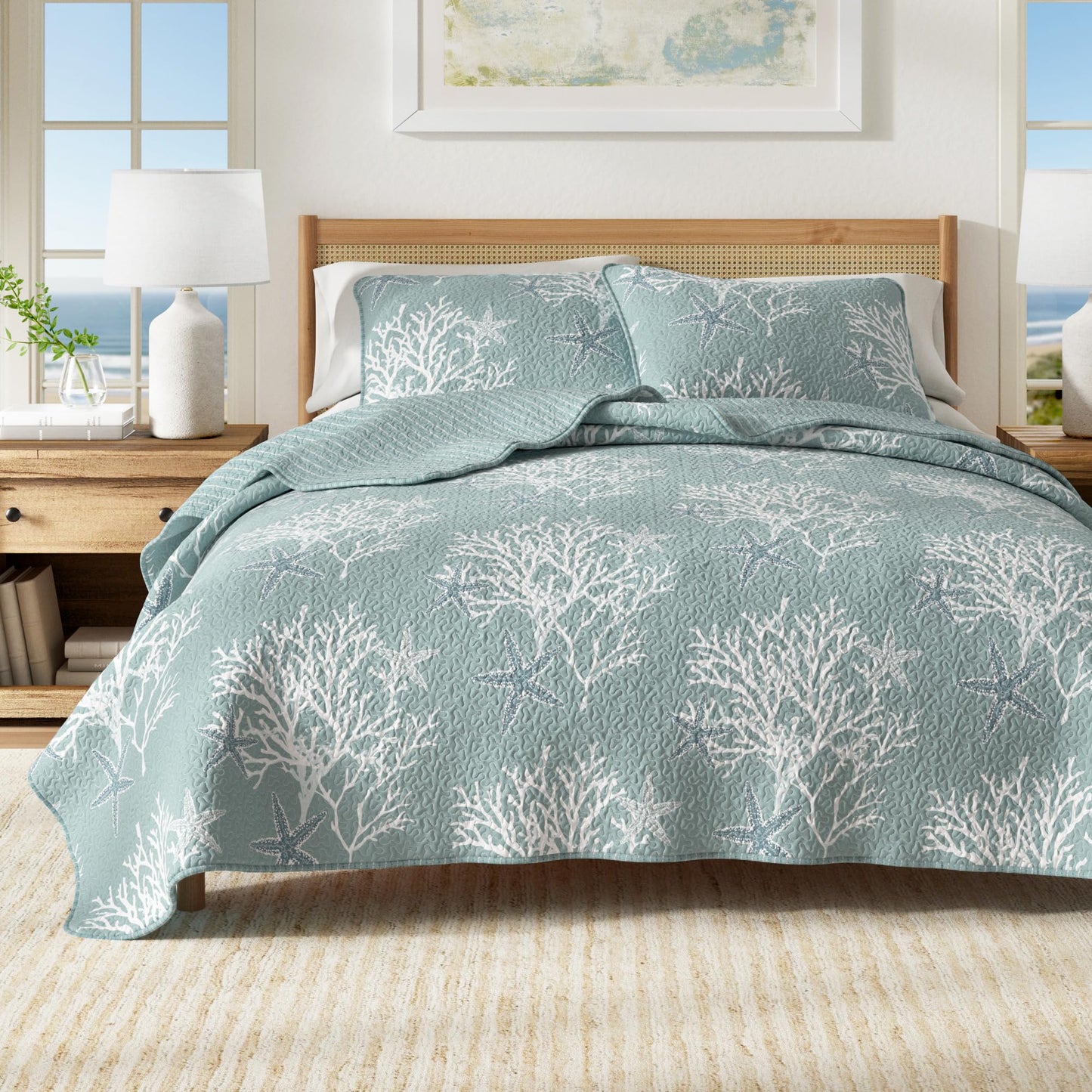 Great Bay Home Coastal Quilt Set - 3-Piece Full/Queen Size Nautical Bedding Set - Lightweight, All-Season, Reversible Bedspread (Ether Blue)