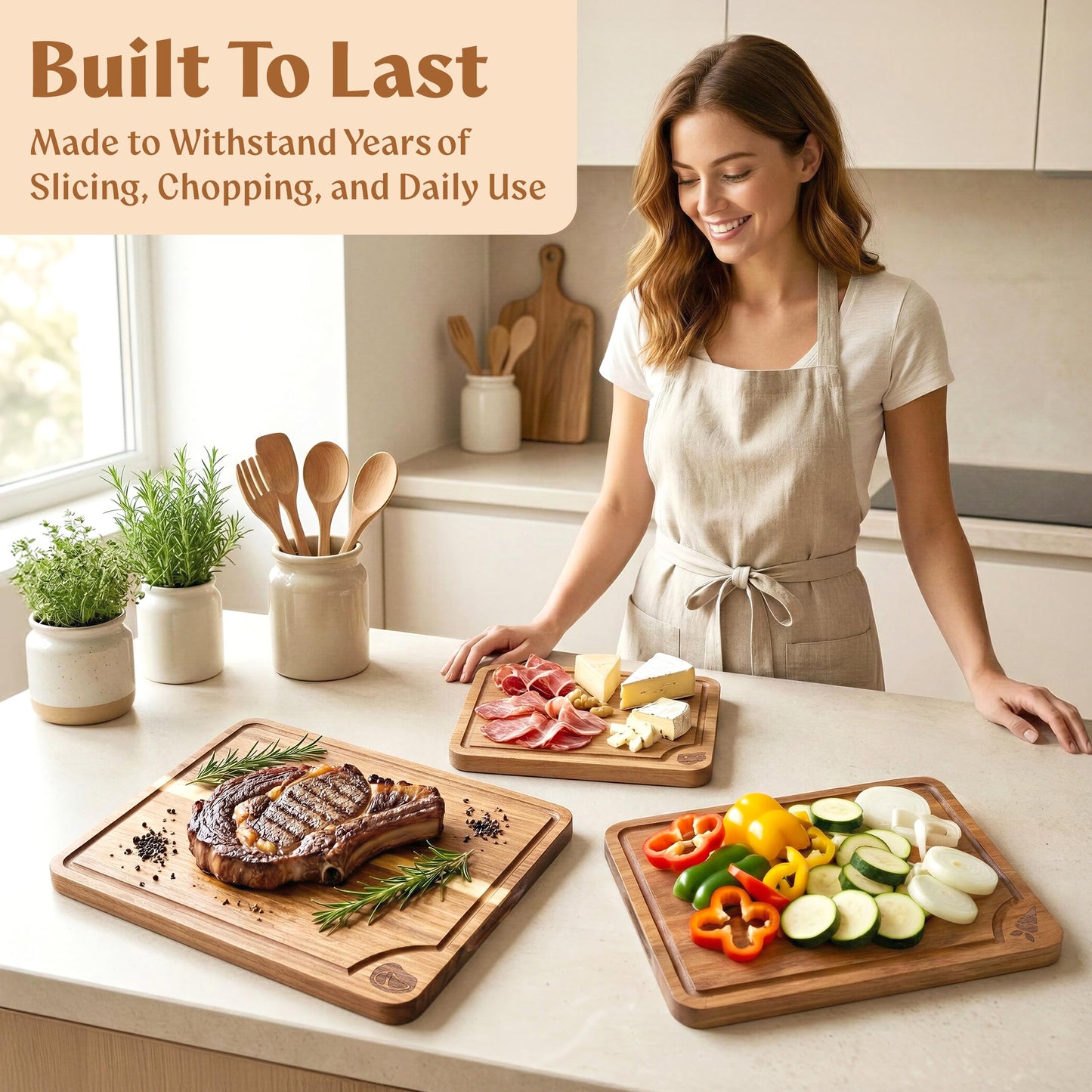 EDELHAUS Cutting Boards for Kitchen (Set of 3) Beeswax Finished Acacia Wood Cutting Board, Mineral Oil Free Wooden Cutting Boards non Toxic with Juice Groove, Non-Slip Feet, Charcuterie Boards
