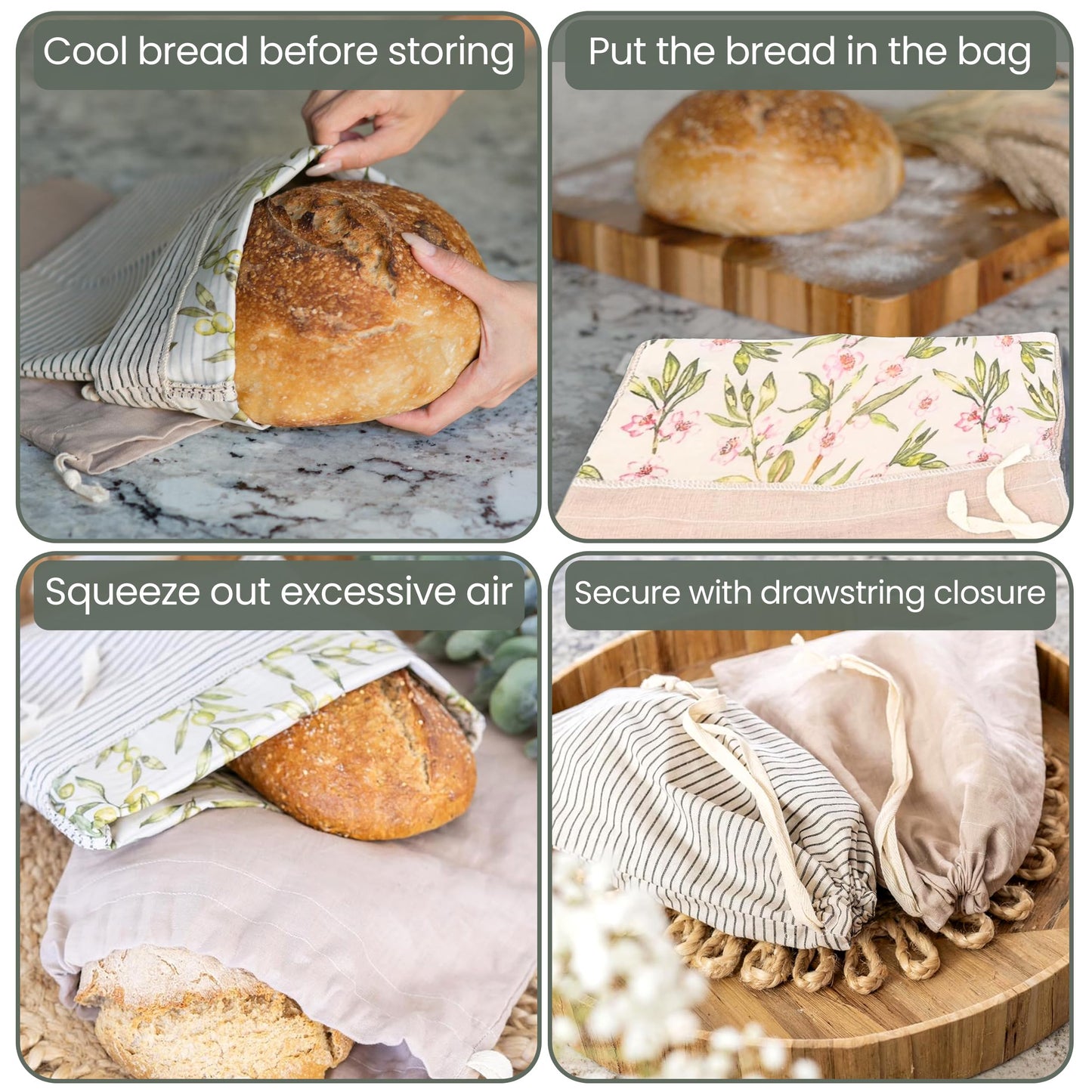 Ark & Aron Reusable Bread Bags - Pack of 2 Beeswax Bread Bags for Sourdough | Linen Bread Bag for Homemade Breads | Sourdough Loaf Bags | Cotton Food Storage Bag for Breads(Olive Leaf/Almond Branch)