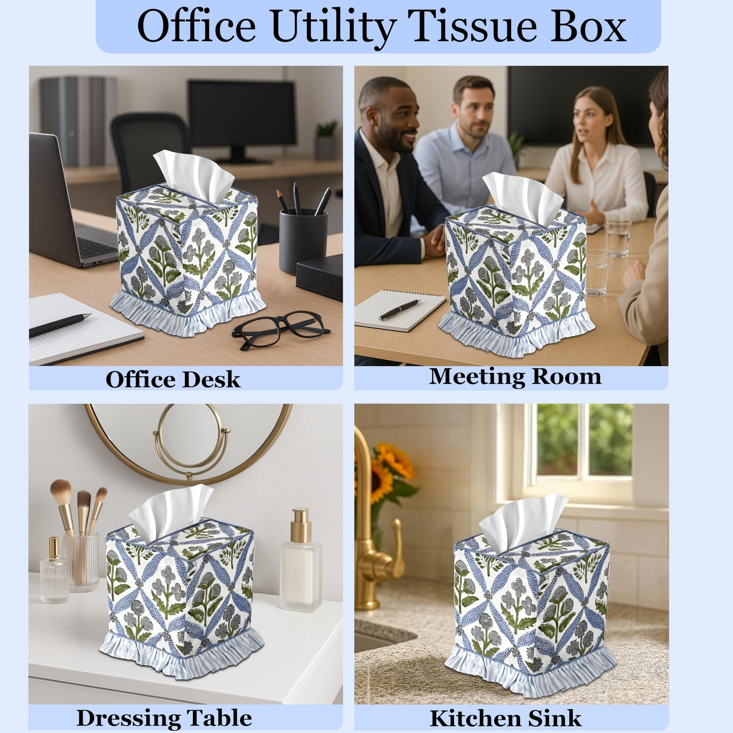 Ridhi Light Steel Blue Block Print Ruffle Tissue Box Cover Handmade Cotton Decorative Square Napkin Holder for Home Bedroom Living Room Bathroom Vanity Countertop Car Office Kitchen