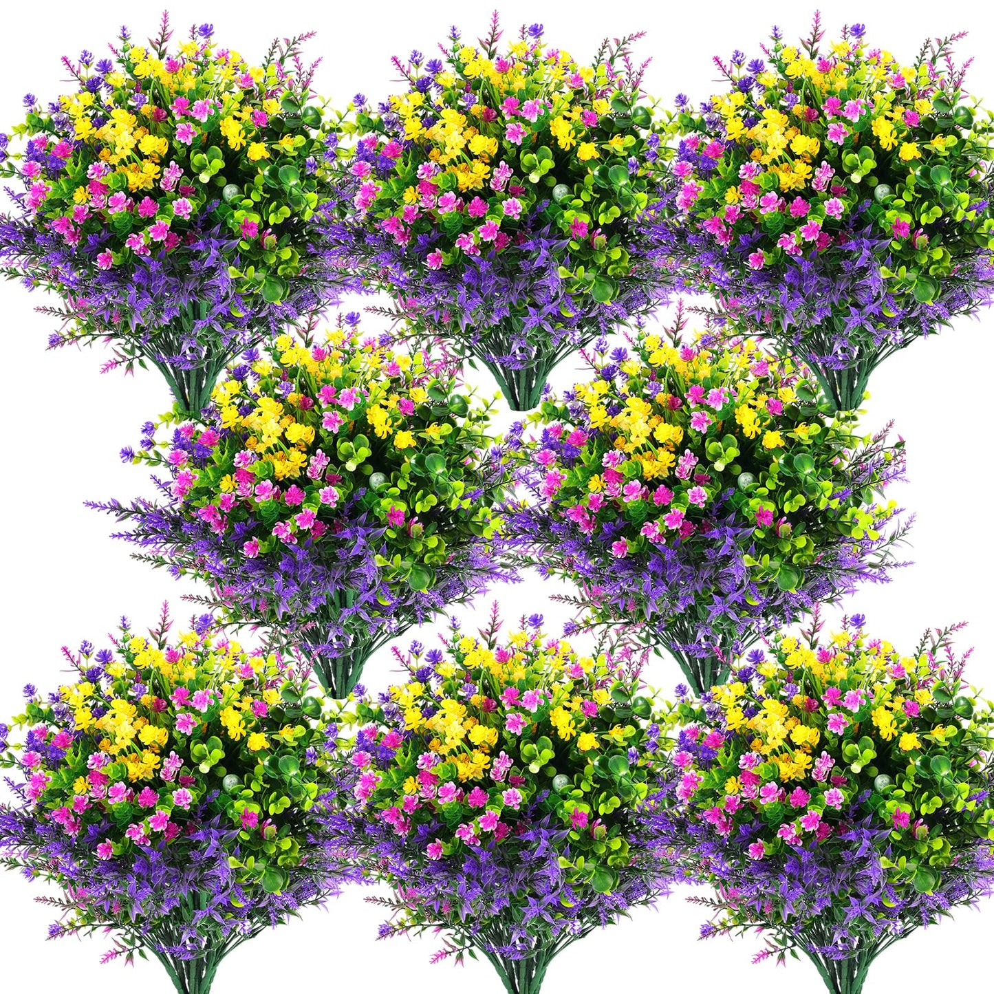 Hananona 48 Pcs Artificial Flowers Outdoor, Faux Artificial Plants UV Resistant Plastic Flower Bulk for Hanging Planter Porch Window Home Spring Summer Decor (48, Fuchsia, Purple, Yellow, Green)