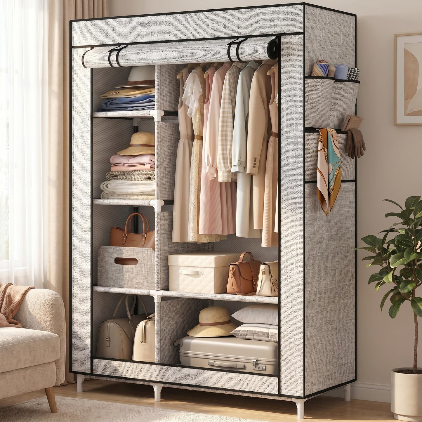 Calmootey Portable Closet Organizers, Clothing Storage, Wardrobe with 6 Shelves and Hanging Rod, Non-Woven Fabric Cover with 4 Side Pockets, Ash Grey