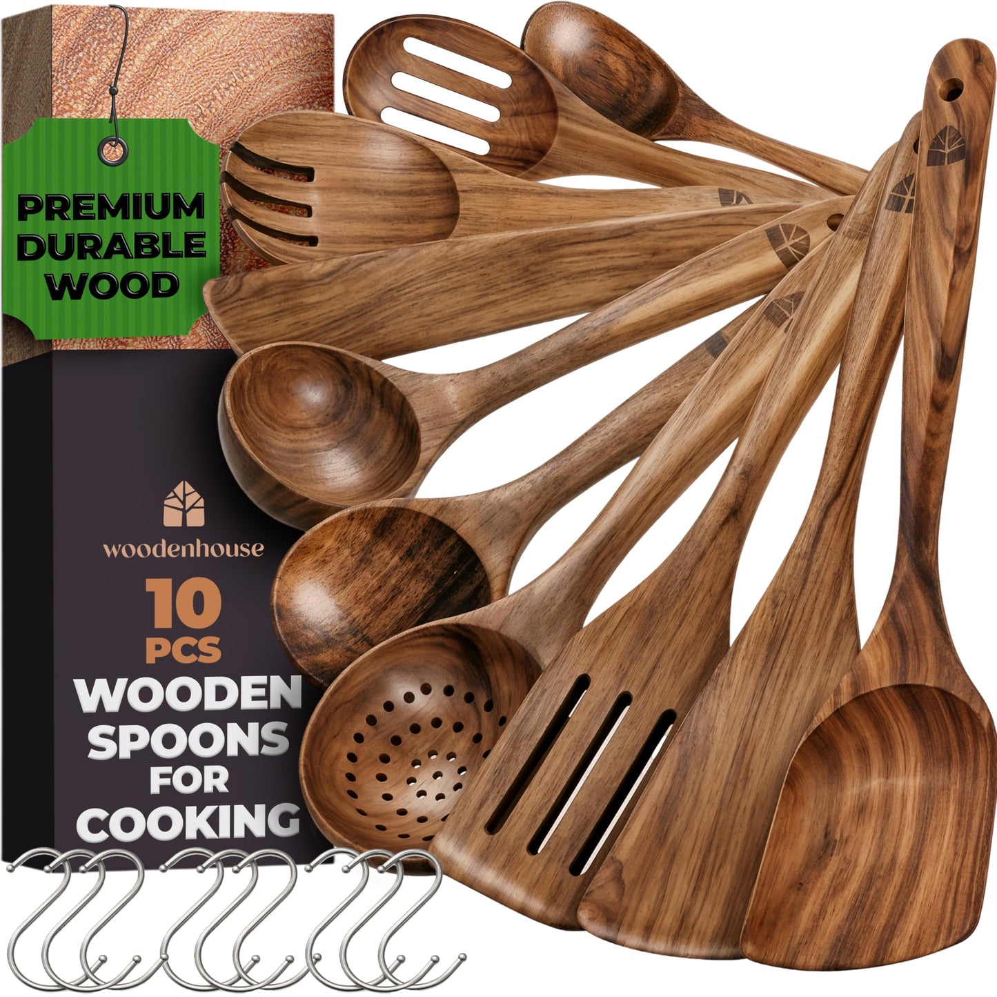 Wooden Spoons for Cooking – 10 Pcs Premium Teak Wooden Utensil Set with Hooks - Durable, Nonstick Safe, Easy to Clean & Heat Resistant with Ergonomic Handles