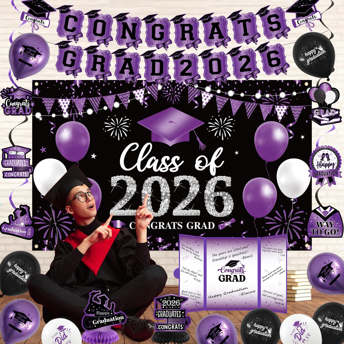 Vlipoeasn Purple 2026 Graduation Party Decorations 2026 College/High School Graduation Decorations Party Supplies, Black and Purple Class of 2026 Congrats Grad Backdrop Banner Signature Book