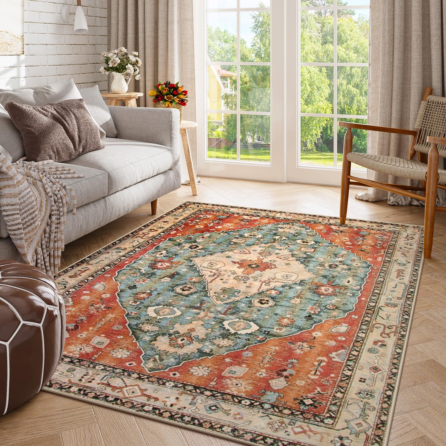 Lahome Felice Boho Tribal 5x7 Washable Living Room Bedroom Rug, Oriental Soft Dining Room Rugs for Under Table, Large Distressed Printed Carpet for Entryway Kitchen Playroom (Rust/Dull Teal,5x7ft)