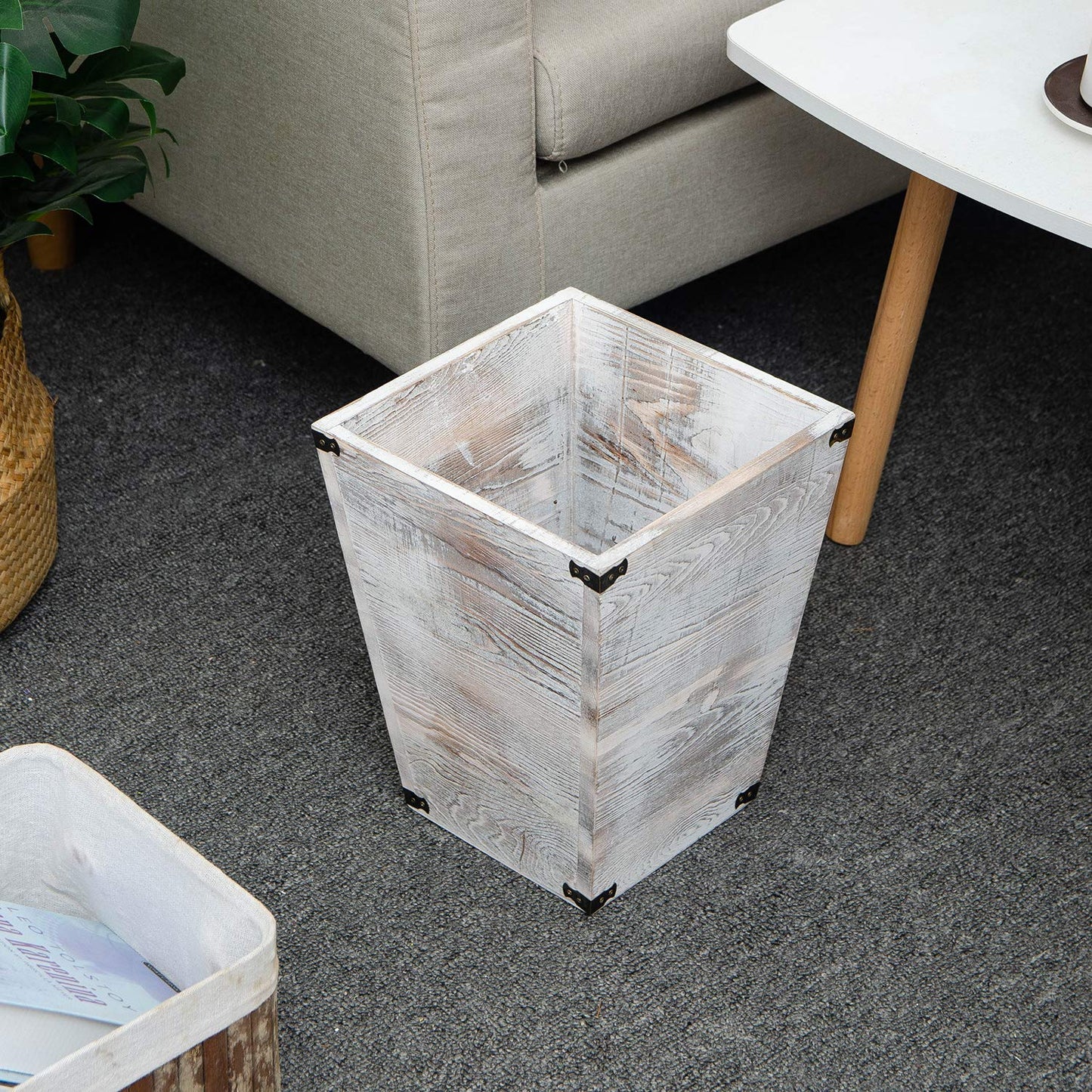 ExoLiry Rustic Whitewashed Torched Wood Square Waste Basket Recycle Bin Trash Can Decorative Metal Brackets Whitewashed Wooden Garbage Container Ash Holder Bedroom Living Room Home Office