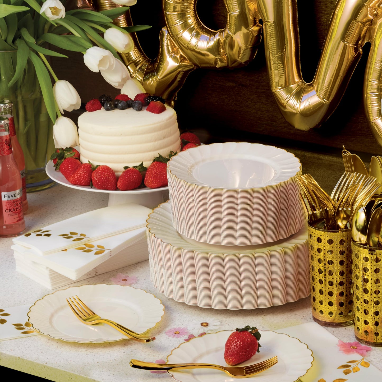By Madee HEAVYWEIGHT 175 Pc Fancy Plastic Dinnerware Sets | Ivory Scalloped Plastic Plates with Gold Trim | Nice Plastic Plates Cutlery and Glam Napkins (25 Guests)