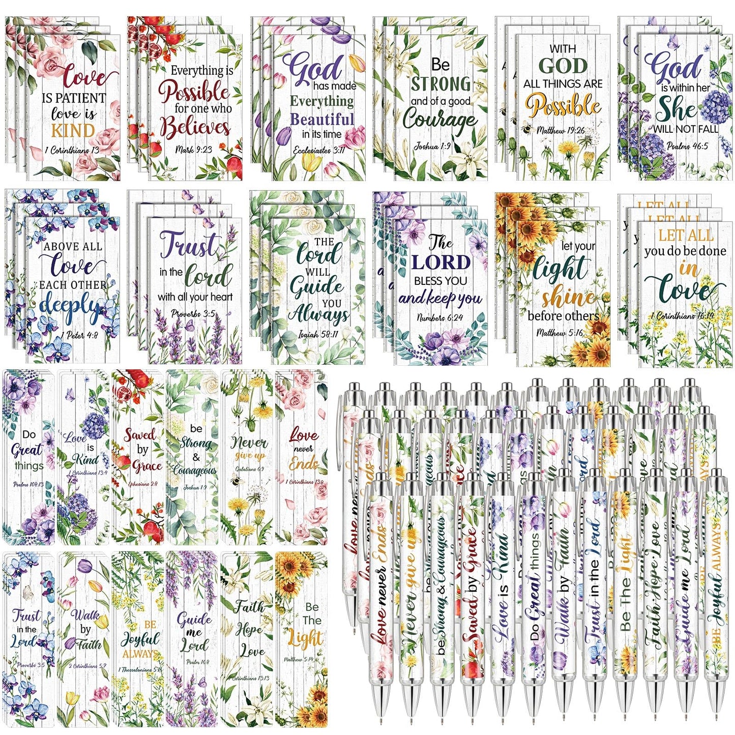 Seajan 108 Pcs Bible Verse Gift Set Bulk, 36 Notepads 36 Pens 36 Bookmarks Scripture Gifts for Church Sunday School VBS Women Men, Christian Party Favors Religious Inspirational Gifts