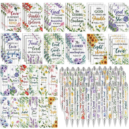 Seajan 108 Pcs Bible Verse Gift Set Bulk, 36 Notepads 36 Pens 36 Bookmarks Scripture Gifts for Church Sunday School VBS Women Men, Christian Party Favors Religious Inspirational Gifts