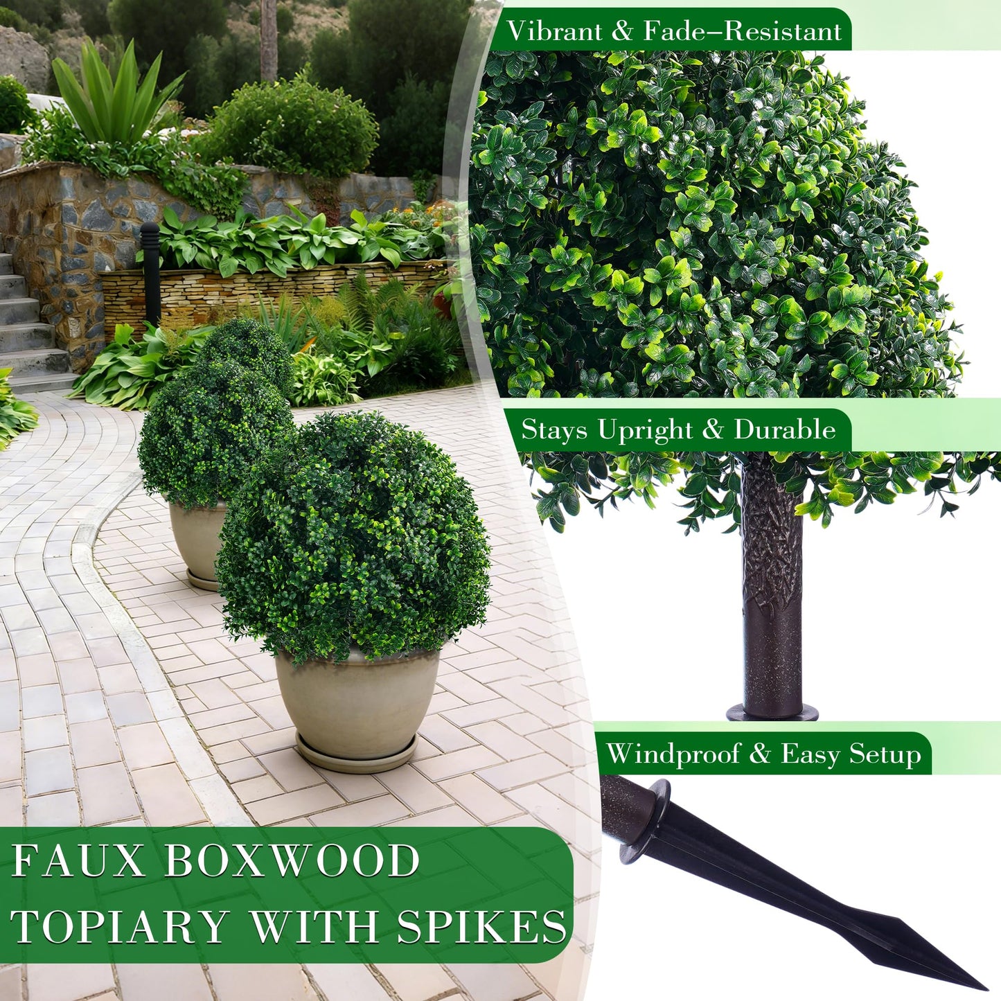 FONYICK 24.8 Inch Artificial Boxwood Trees, 2 Sets Faux Boxwood Topiary with Spikes, Pot Filler Fake Shrubs Plants for Outdoor PlantersFront Porch Decor Round Topiary Bush Balls Home Garden Spring