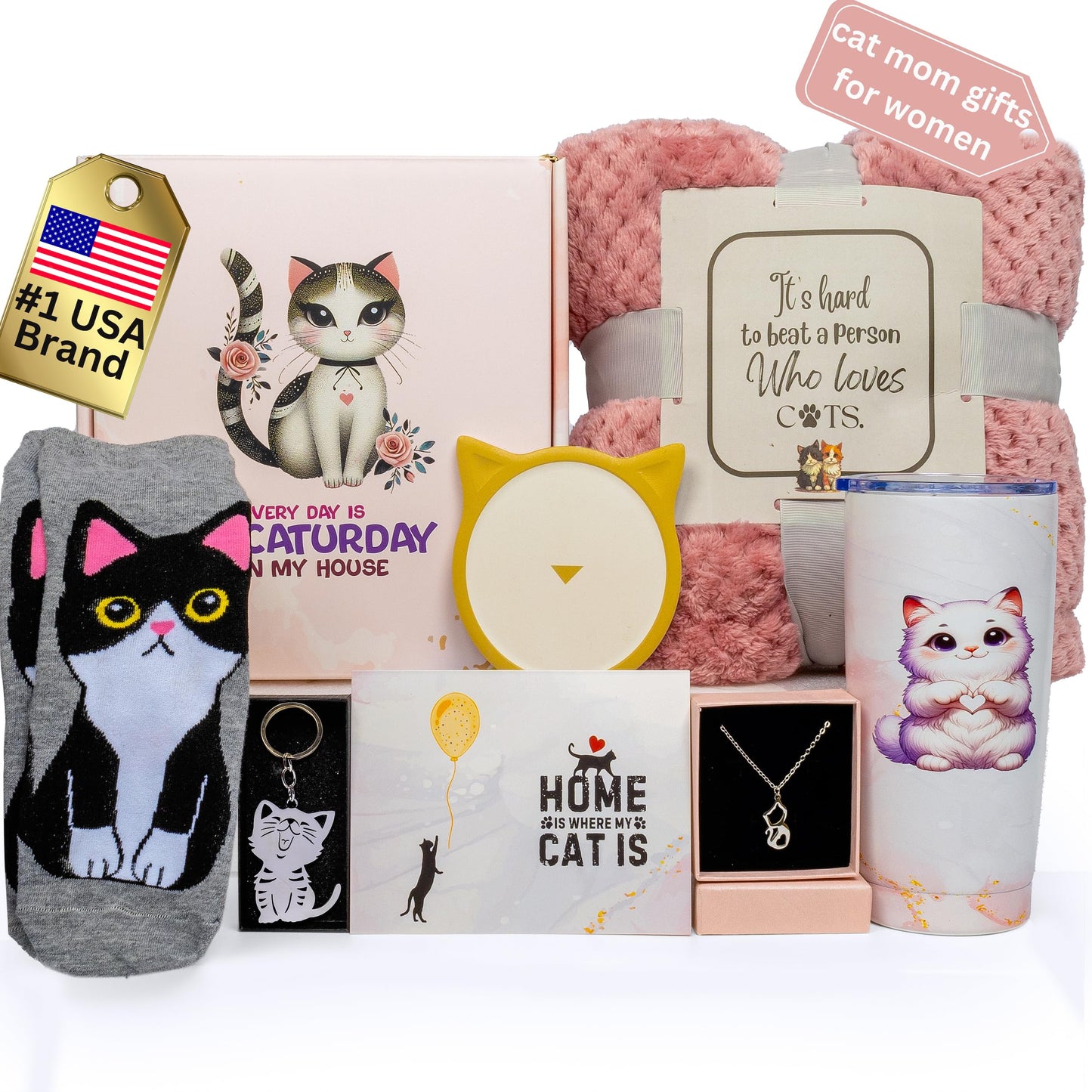 QUILE Luxury Cat Lover Gifts for Women, Cat Mom Gifts for Women, 8pc Cats Themed Gift Set with Premium Blanket & Shatterproof Steel Tumbler, Crazy Cats Lady Gift Box for Birthday & Mothers Day