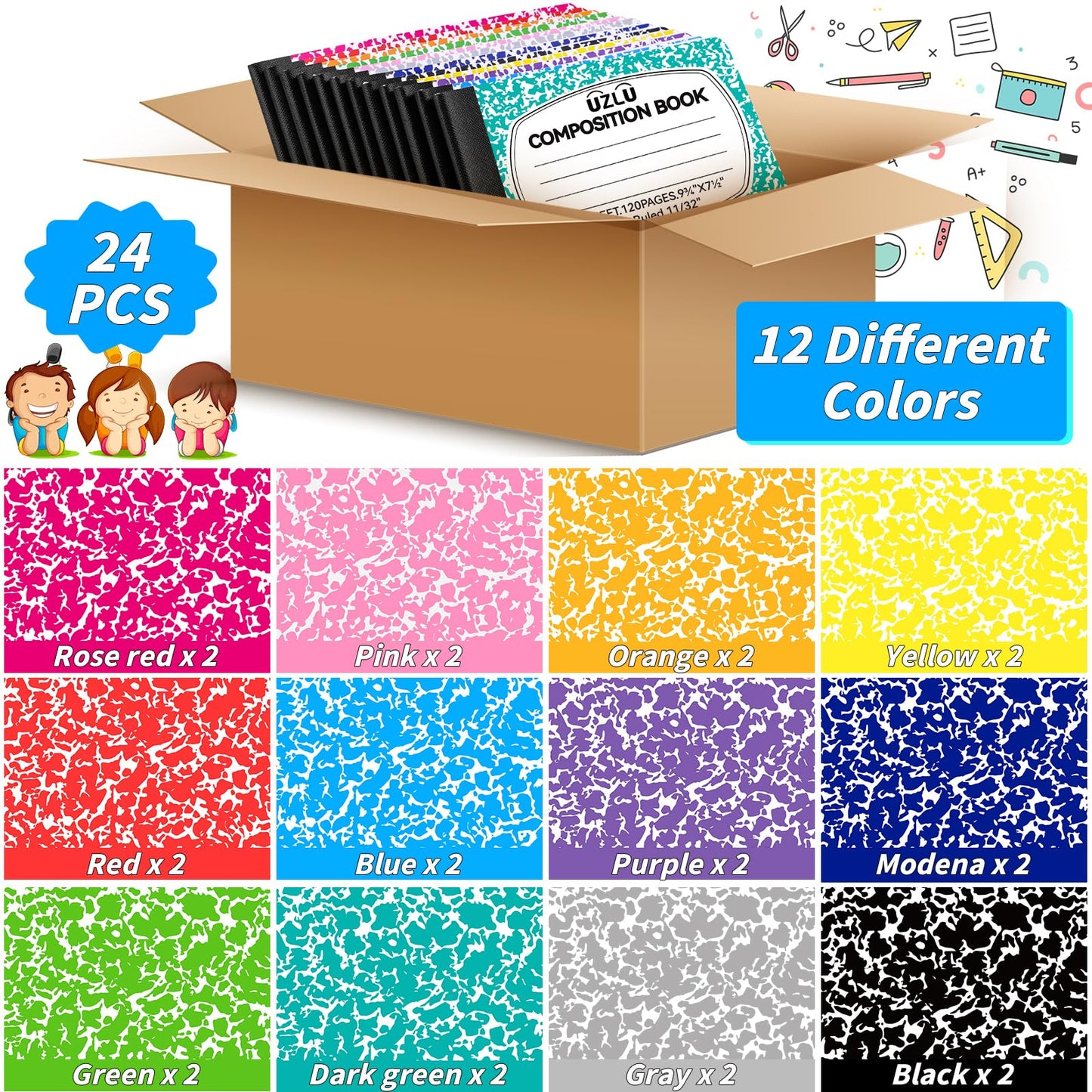 24 Pack 9.75 x 7.5 in Large Composition Notebooks Bulk 12 Color Wide Ruled Composition Books Marble Journal Notebook 60 Sheets per Book for Aldult Student College Office Back to School Supplies