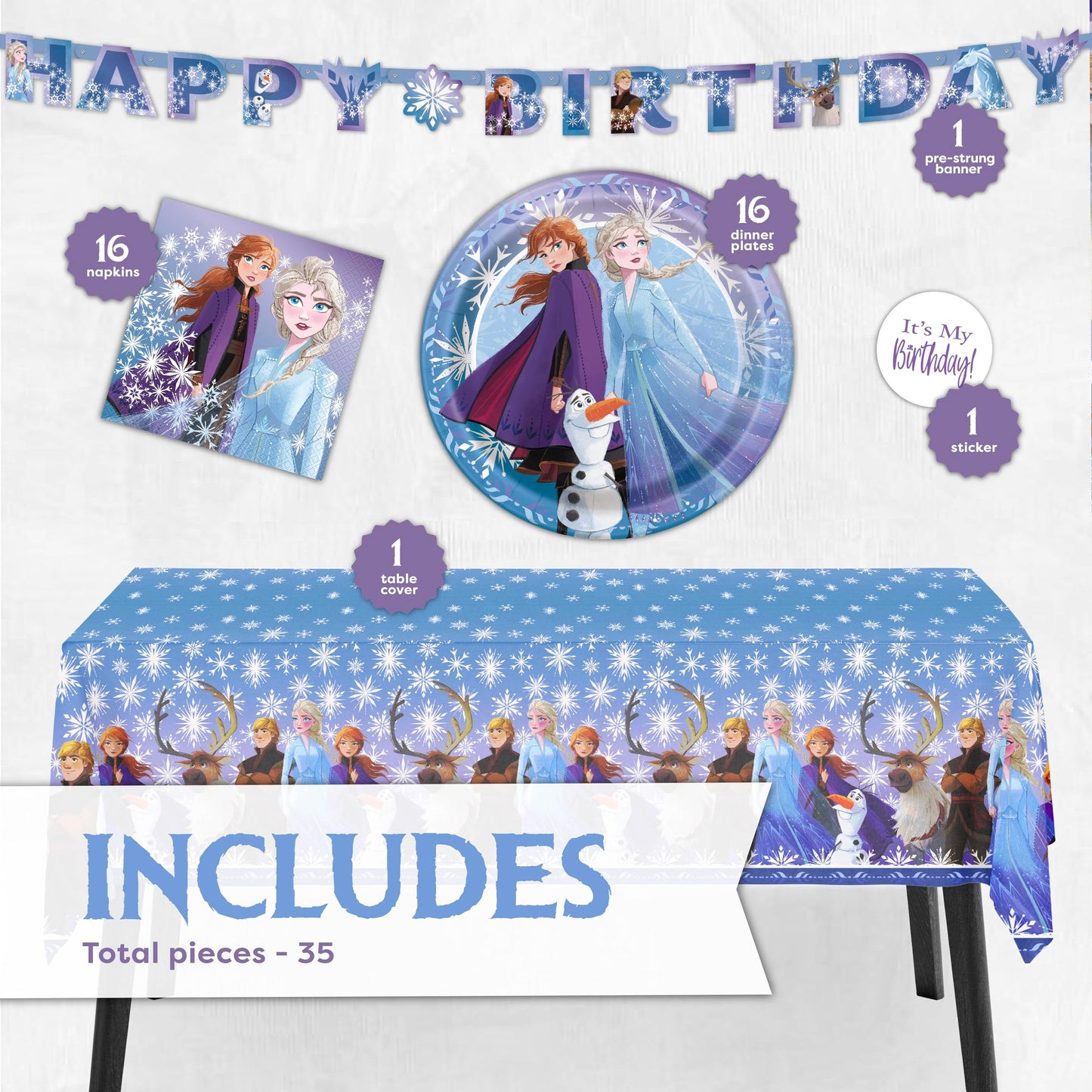 Frozen Birthday Party Decorations | Serves 16 | Banner, Tablecloth, Plates, Napkins, Sticker | Elsa Party Decorations | Officially Licensed