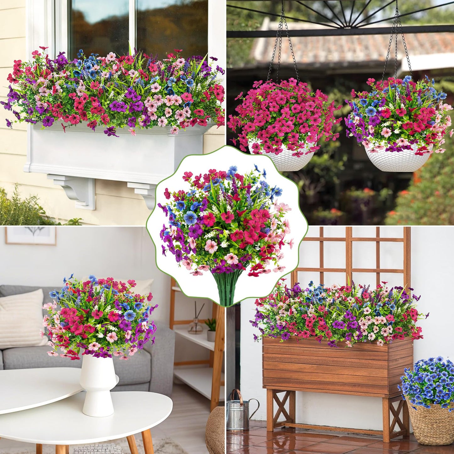 Besteek 20 Bundles Artificial Flowers for Outdoors Decoration Fake Silk Flowers UV Resistant Faux Plants Artificial Daisy Eucalyptus for Spring Summer Garden Yard Porch Window Home Decor, Mixed