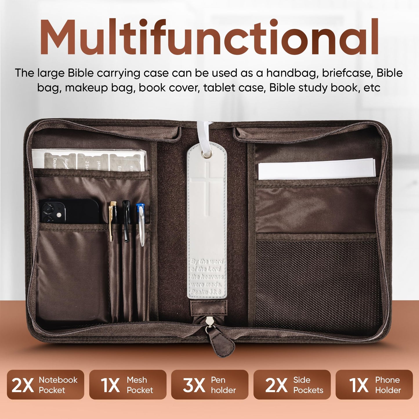 Bible Cover (U.S. Patent Pending), Discreet & Elegant Bible Case, Brown PU Leather Bible Cover, Cross Design Bible Bags, Strong and Sturdy Book Case, Includes Premium Bookmark