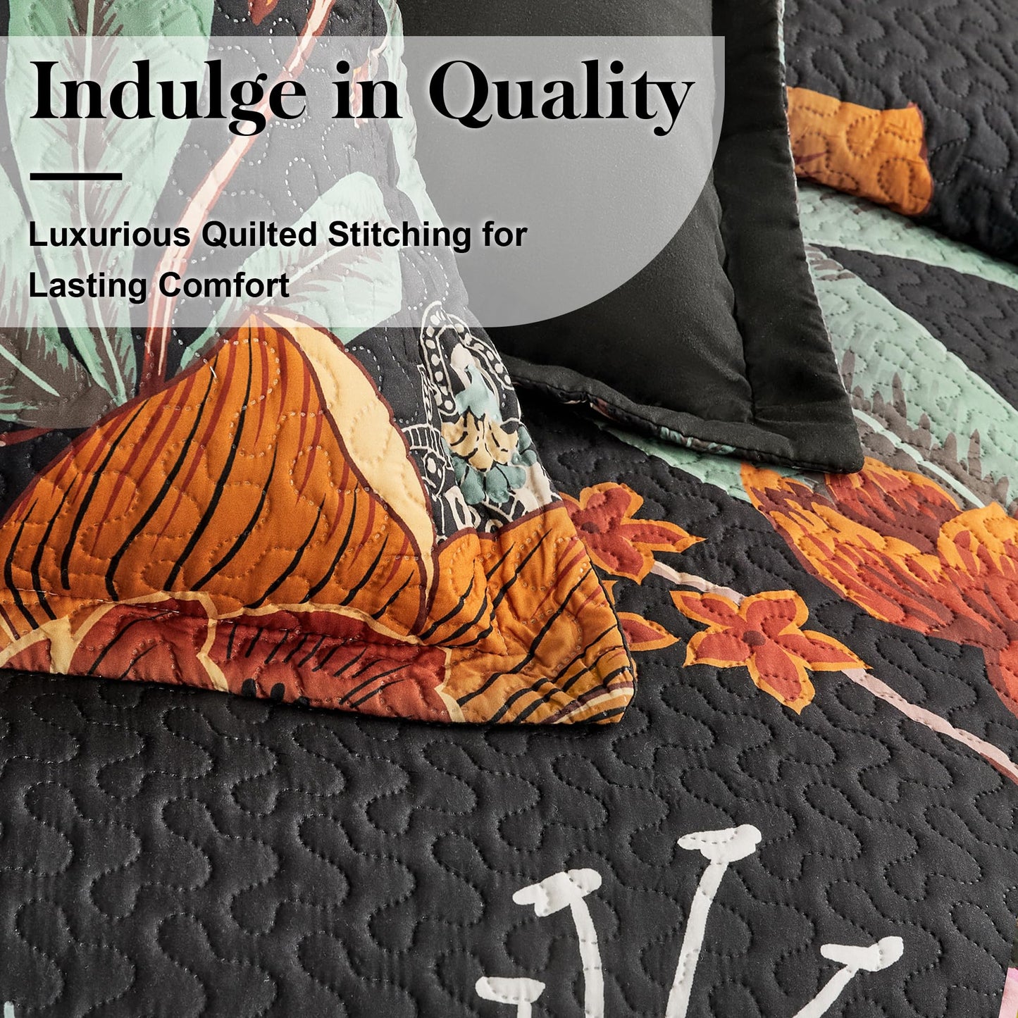Tyrot 3 Piece Black Boho Floral King Size Quilt Sets Reversible Farmhouse Botanical Lightweight Bedspread Coverlet with 2 Shams Butterfly Microfiber Bedding Quilts Set for All Season, 106''x96''