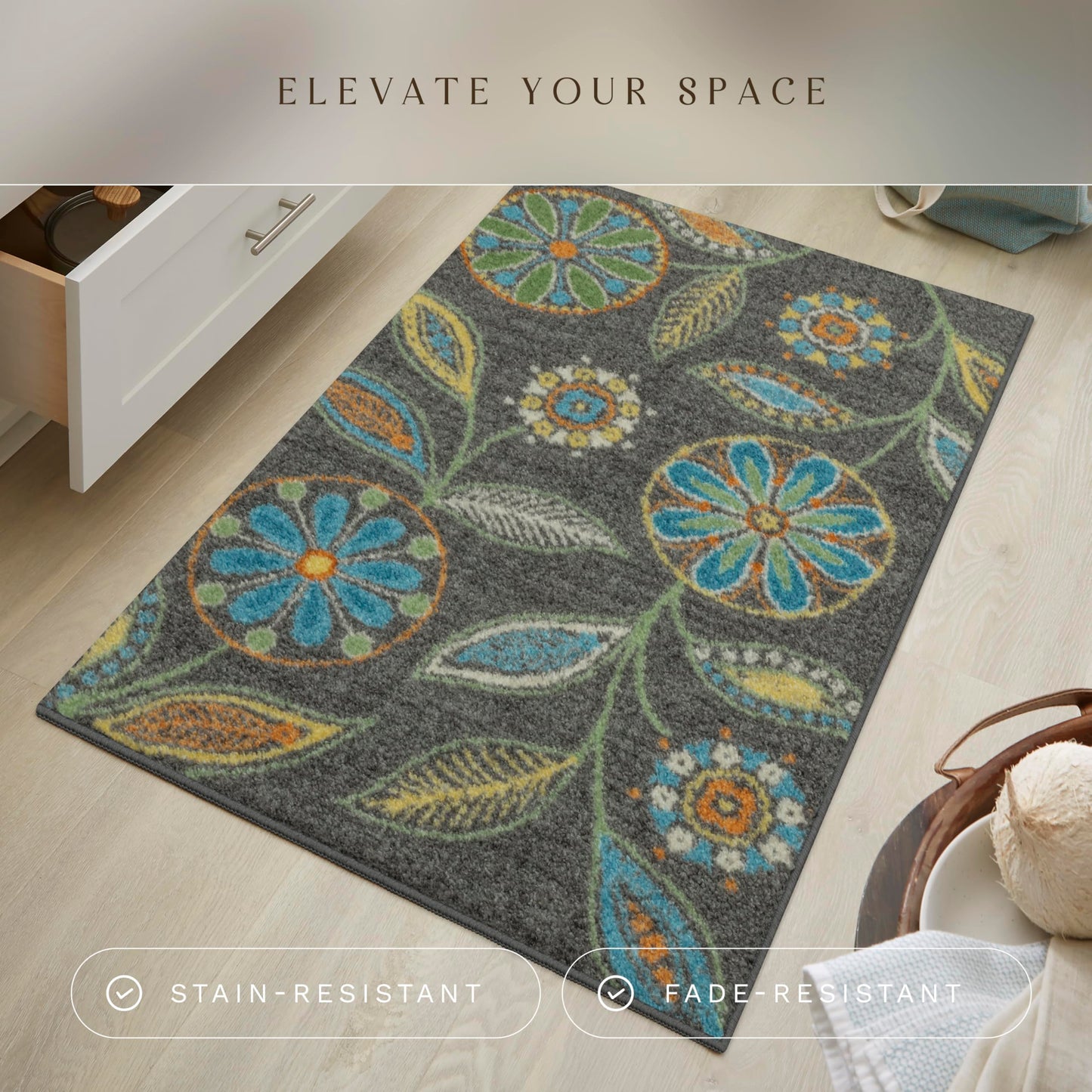 Maples Rugs Reggie Floral Kitchen Rug - Made in USA - Washable, Non Slip Indoor Carpet for Entryway, Foyer, Kitchen, and Bathroom, 2'6 x 3'10, Dark Grey