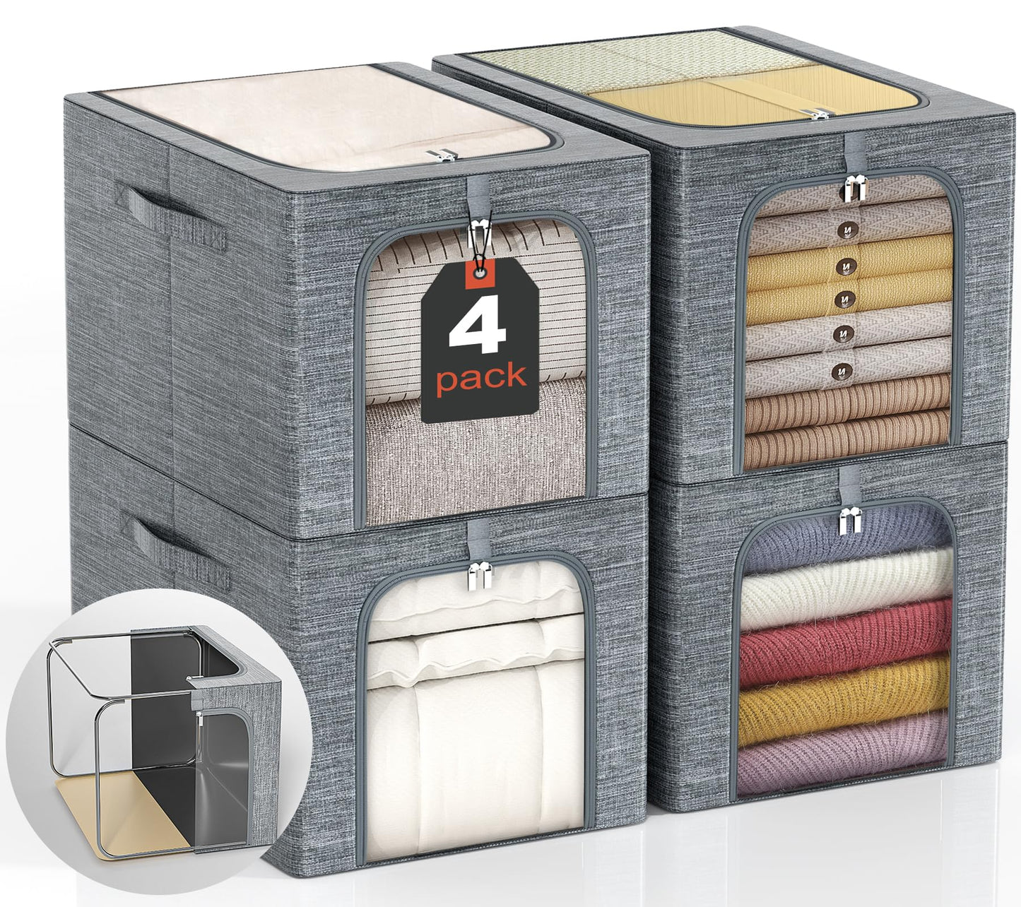 GoMaihe Clothes Storage Bins with Metal Frame, 4-Pack Closet Storage Bins with Lid & Clear Window, Sweater Boxes Organizer for Closet, Clothing Storage, Cationic Fabric 40L