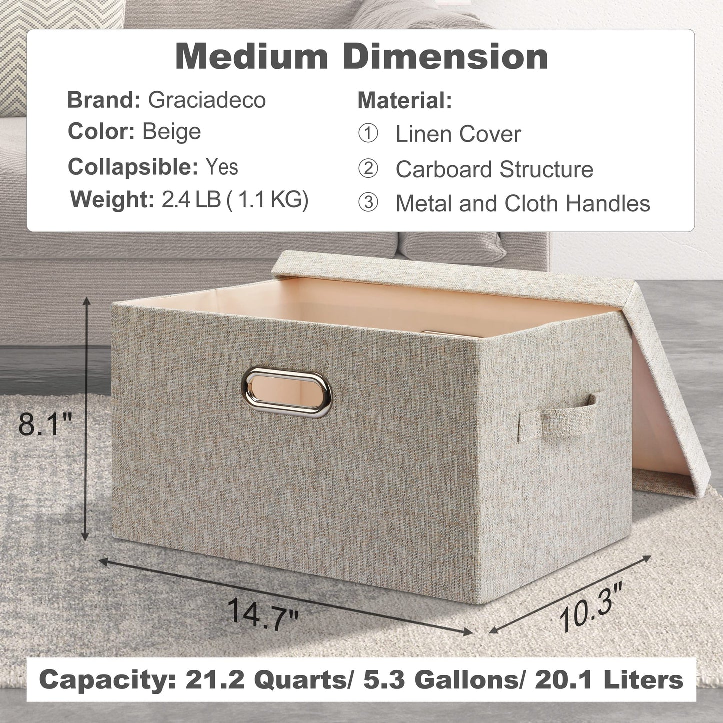 Graciadeco Medium 15" 21 Quart Collapsible Stackable Storage Bins with Lids, 5 Packs Beige Foldable Fabric Closet Boxes Heavy-duty Linen Cube Baskets Container for Bedroom Office (15 x 11 x 8)