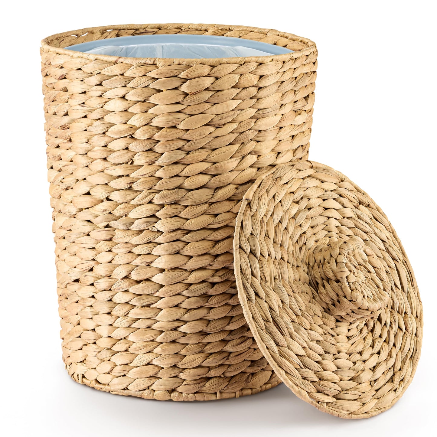 Tidita 4 Gallons Wicker Waste Basket - Water Hyacinth Bathroom Garbage Can with a Lid - Bathroom Trash Can Boho Style - Wicker Trash Can with Lid for Household, Kitchen - Removable Liner, Iron Frame