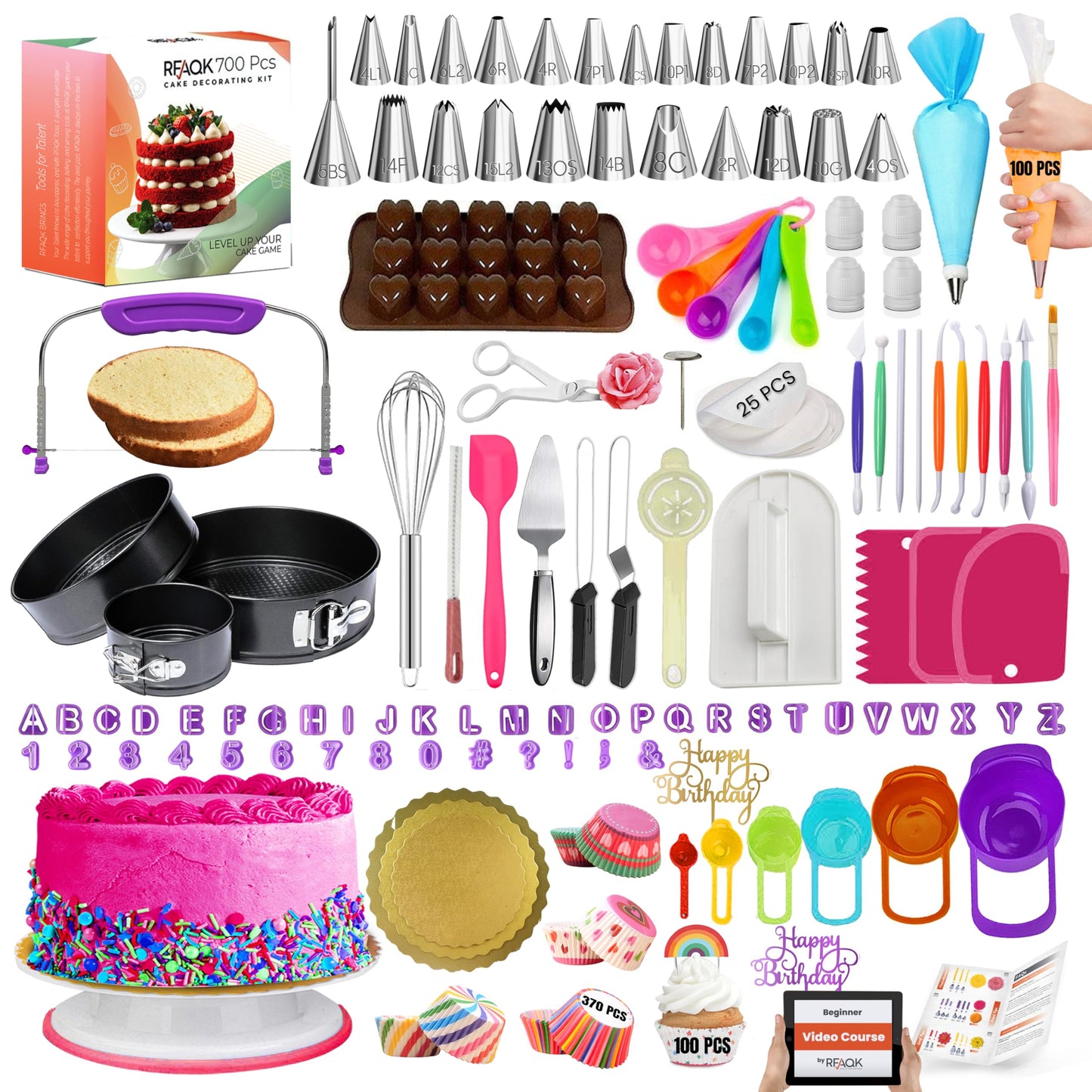RFAQK 700 PCs Cake Decorating Kit with Baking Supplies Cake Decoration Set including Springform Pans, Cake Turntable, Numbered Piping Tips, Icing Spatulas, Fondant tools & much more (700Pcs)