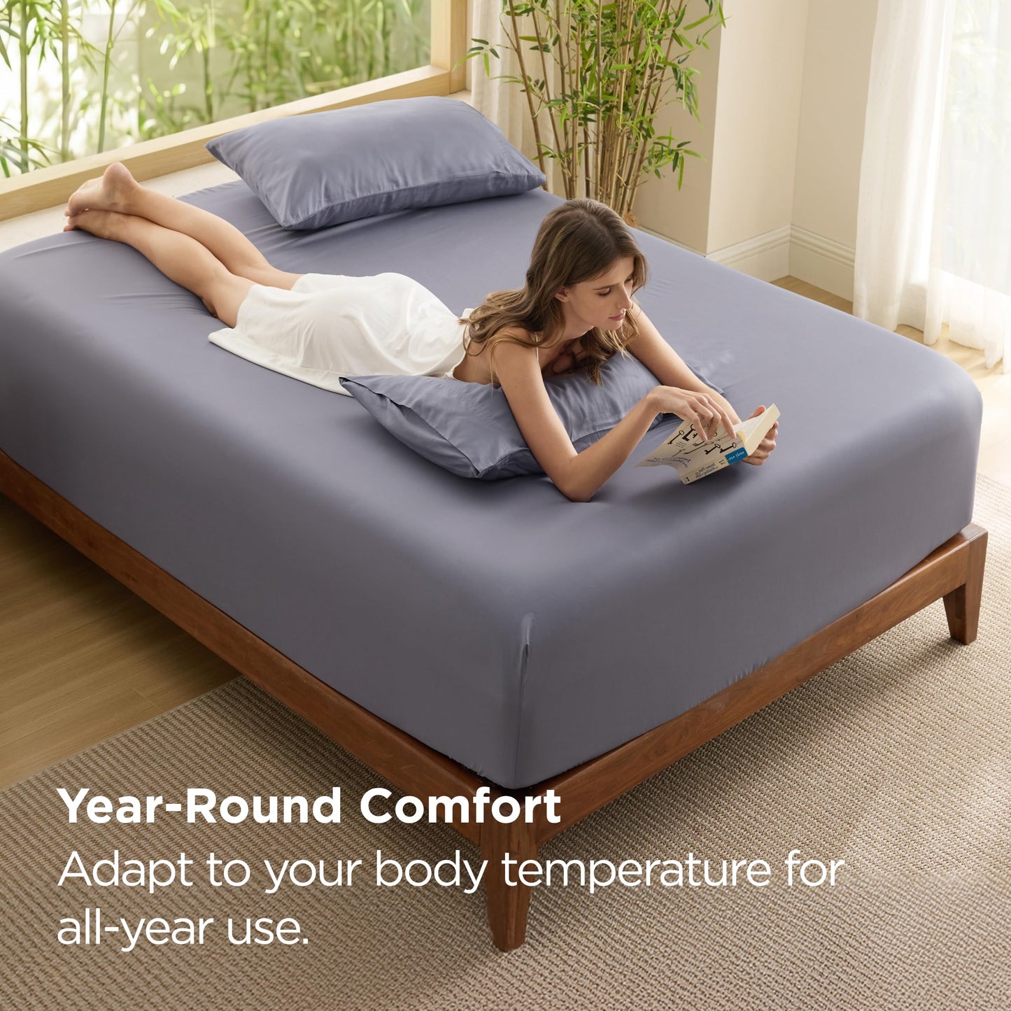 Bedsure Queen Fitted Sheet Only, 100% Rayon Derived from Bamboo, Breathable & Soft, PureWoven Cooling Bottom Sheet for Hot Sleepers, Deep Pocket Up to 18", with 4 Elastic Corner Straps, Grey