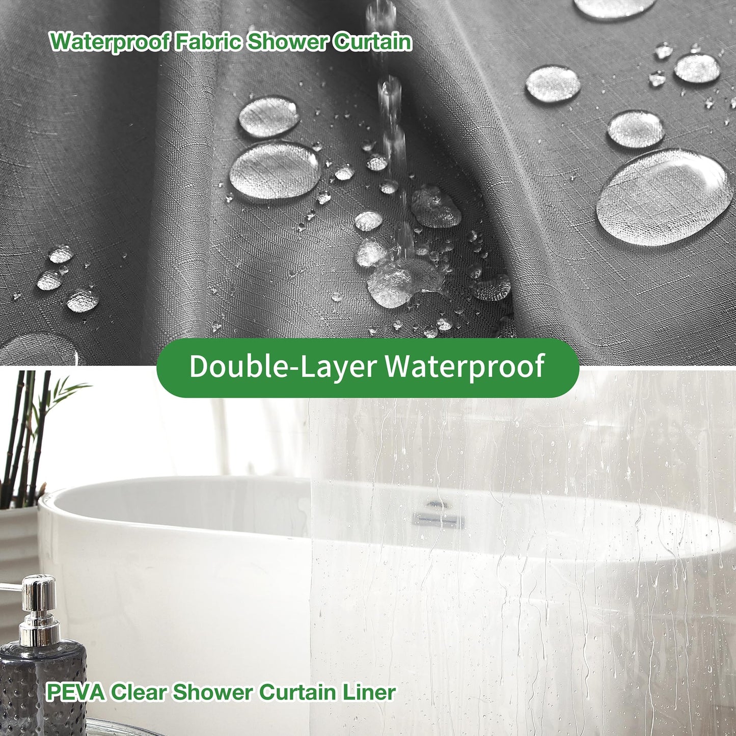 Lameirose Grey Shower Curtain and Liner, 3 in 1 Shower Curtain Set with 12 Double Sided Shower Curtain Hooks, Cloth Shower Curtains for Bathroom,Waterproof, 72" W*72" H