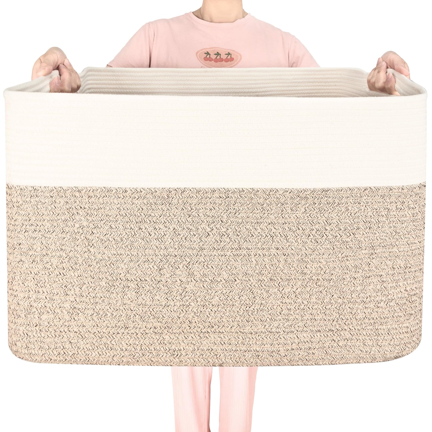 MINTWOOD Design 112L Extra Large Blanket Basket Holder Living Room, 25"x17"x16" Rectangle Rope Woven Storage Basket with Handles for Laundry, Pool Towels, Shoes, Dog Toy Organizer Bin Box, Light Brown