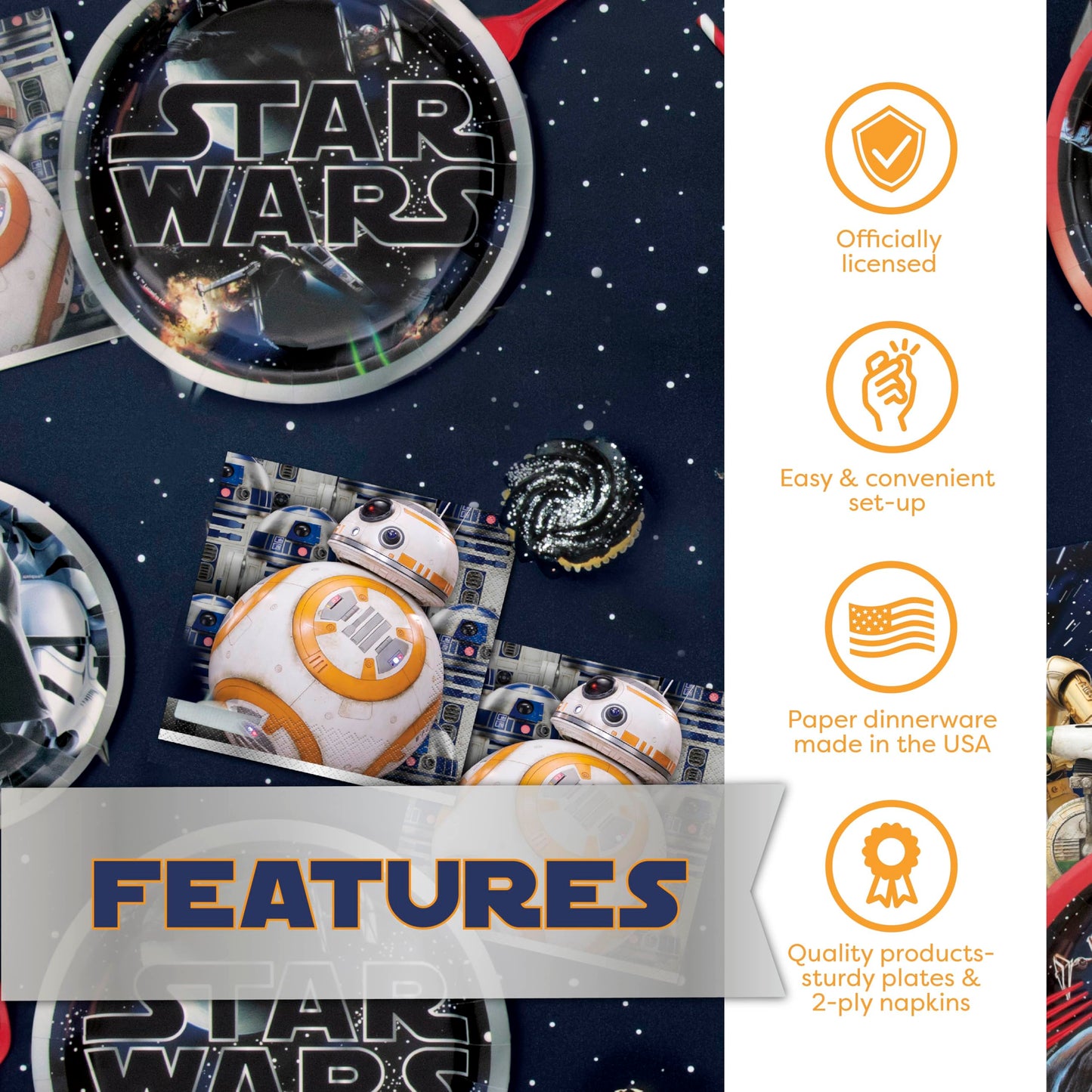 Star Wars Birthday Decorations Set | With 16 Plates, 16 Napkins, 16 Masks, Banner, Tablecover, Birthday Sticker | Officially Licensed