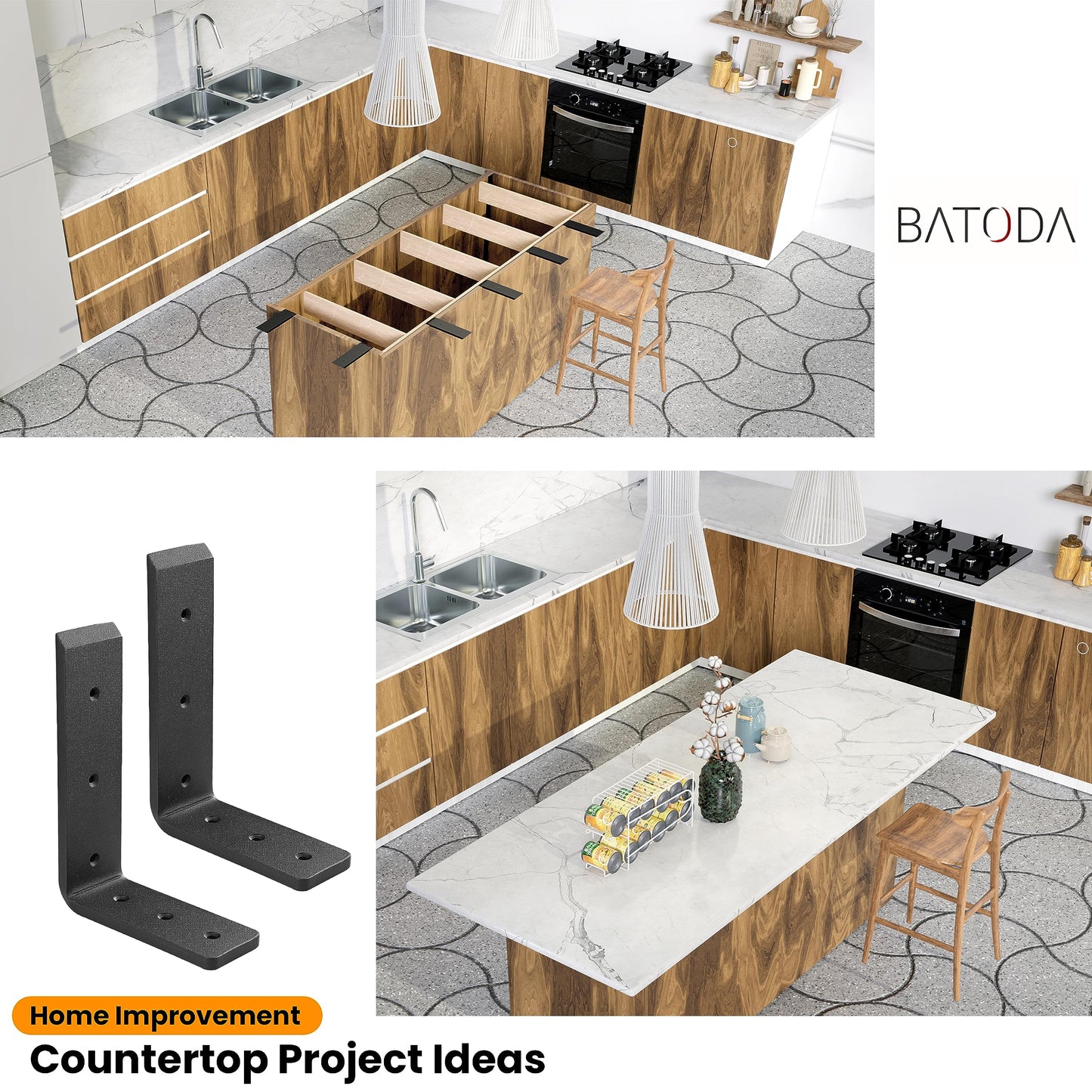 BATODA 8” Countertop Support Steel Brackets (4 PCS) for Large Granite - Heavy Duty L Floating Shelf Bracket - Black Metal Wall Mounted Support for Wood Shelving