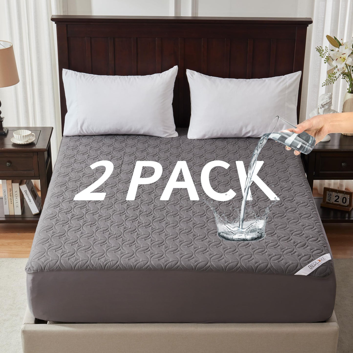 2 Pack Waterproof Mattress Protector, King Size Mattress Pad with Deep Pocket 6"-18" Depth, Soft Noiseless Dirt-Proof Bed Mattress Cover Washable for Home, Bedroom, Hotel (Gray)