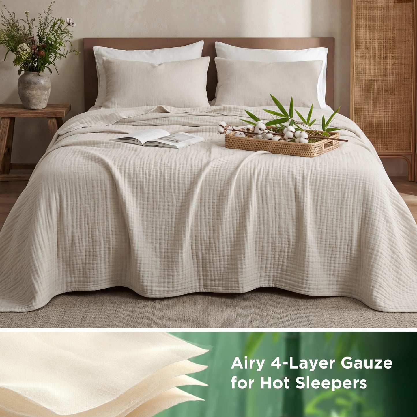 Bedsure Cooling Muslin Blanket King Size for Bed, Summer Gauze Blanket for Adults, 55% Rayon Derived from Bamboo & 45% Cotton, Breathable Lightweight Soft for Hot Sleepers, Linen Beige, 104x90 Inches