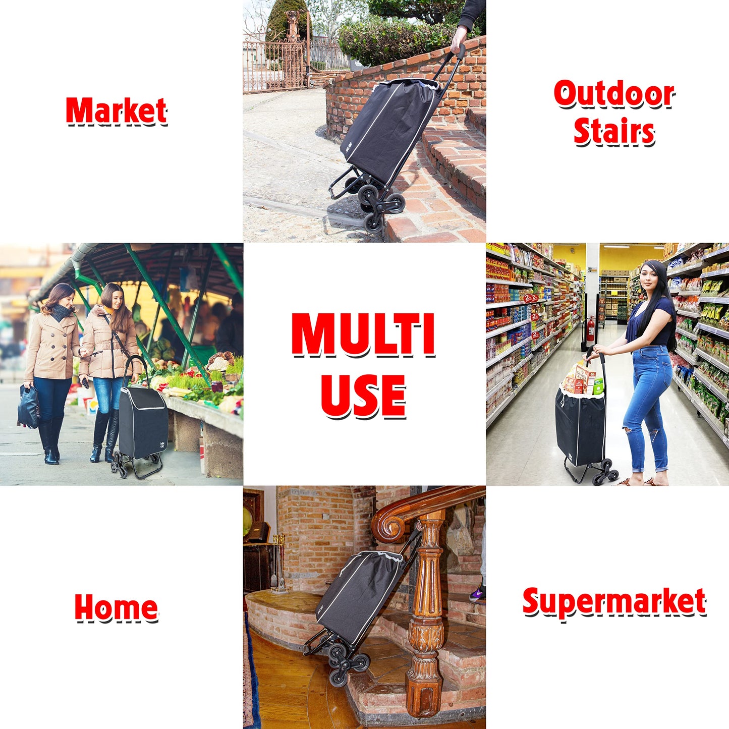 dbest Products Trolley Dolly Sport Stair Climber – Foldable Grocery Cart on Wheels – Multi Use Rolling Cart with Removable Bag, Hand Truck Dolly Function, and Stair Climbing Wheels, Black