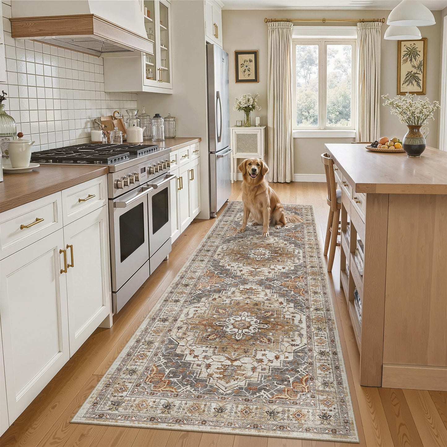 Madane Runner Rug 2'6''x8' Kitchen Runner, Hallway Runner Printed Vintage Washable Rugs Soft Non-Slip Low Pile 2.5x8 ft Runners for Hallways Laundry Room Rug Distressed Rug, Turmeric/Grey