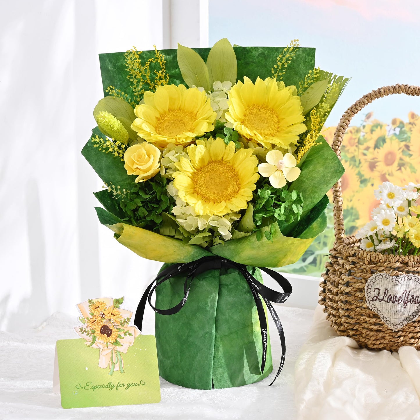 Waipfaru Preserved Flowers for Delivery Prime, Fresh Sunflower Bouquet with Gift Box, Forever Flowers for Women Mothers Day Birthday