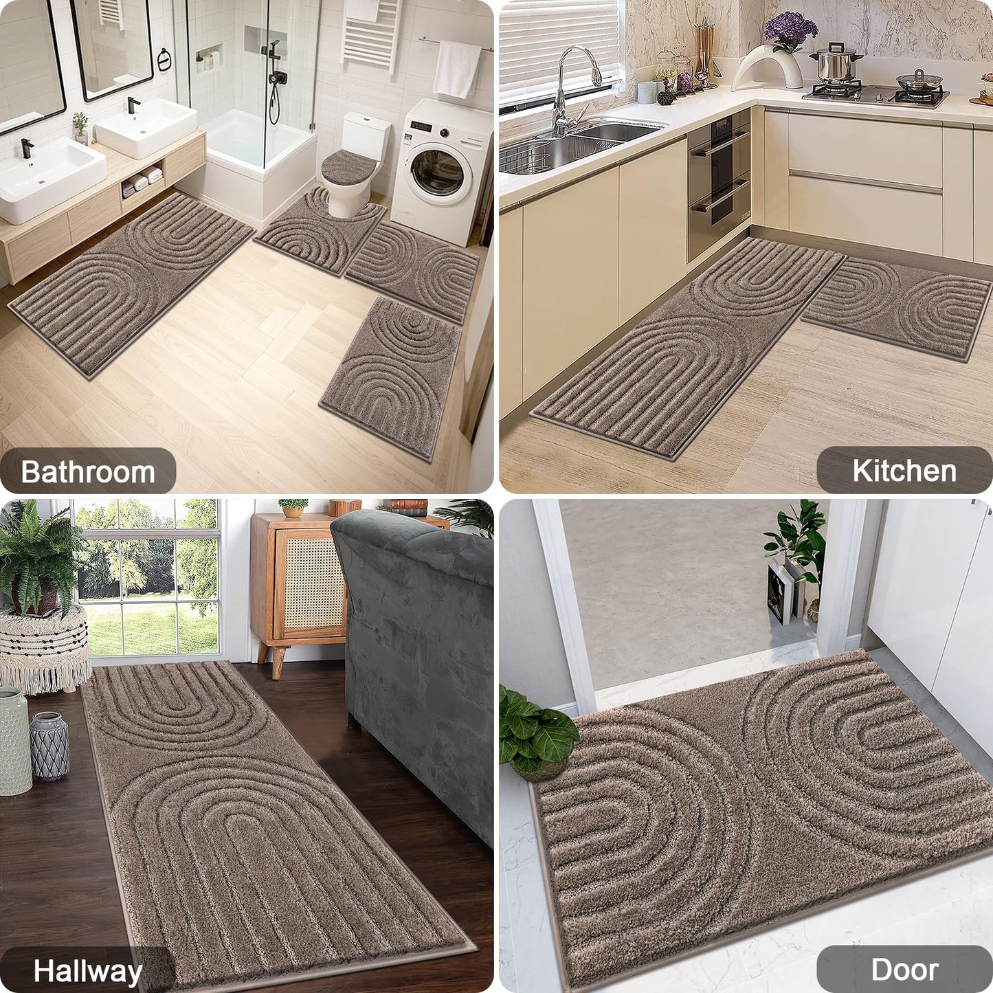 HEBE Bathroom Rugs Set 5 Piece, Plush Absorbent Bath Mats for Bathroom, Non Slip Machine Washable Bath Mat Set with Toilet Cover, Bath Runner and U-Shaped Contour Toilet Rug, Coffee