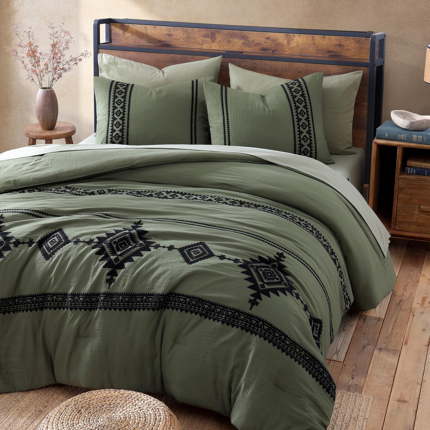MAIREVE Olive Green Embroidery Comforters Set Queen Size - 7 Pieces, Farmhouse Western Bedding All Season Bed in A Bag Queen, Boho Comforter Set with Sheets, Pillowcases & Shams
