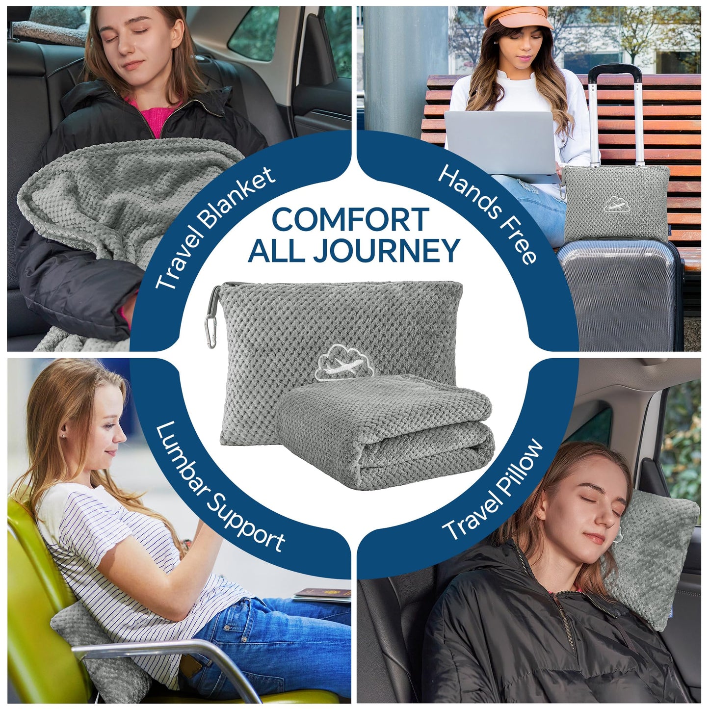 BEDELITE Travel Blanket with Bag, Ultra-Soft Jacquard Fleece Blanket with Luggage Sleeve & Backpack Clip, Airplane Blanket Travel Essentials, Grey