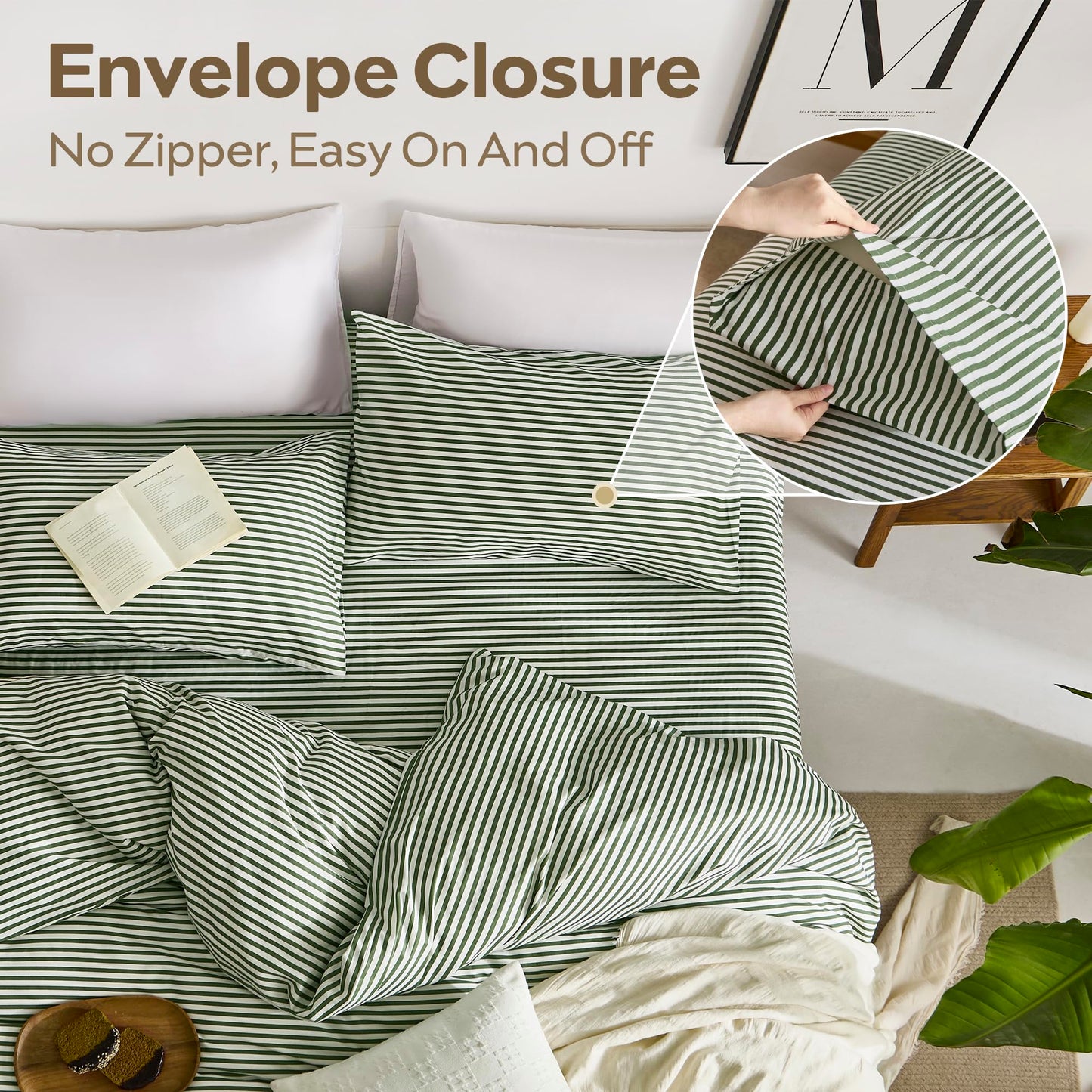 JELLYMONI 100% Natural Cotton 3pcs Striped Duvet Cover Sets,White with Green Stripes Pattern Printed Comforter Cover,with Zipper Closure & Corner Ties(Queen Size)