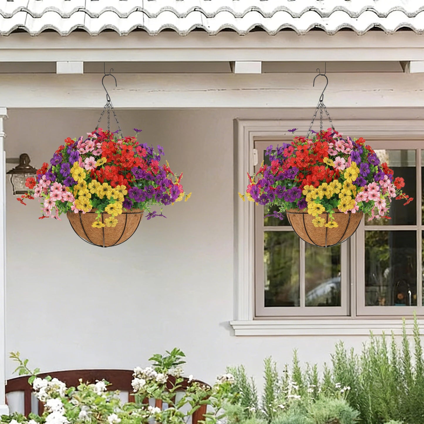 Senjie 2 Set Artificial Hanging Flowers with Basket for Outdoor Decor, UV Resistant 24 Bundles Faux Flowers Fake Hanging Planter for Porch Patio Balcony