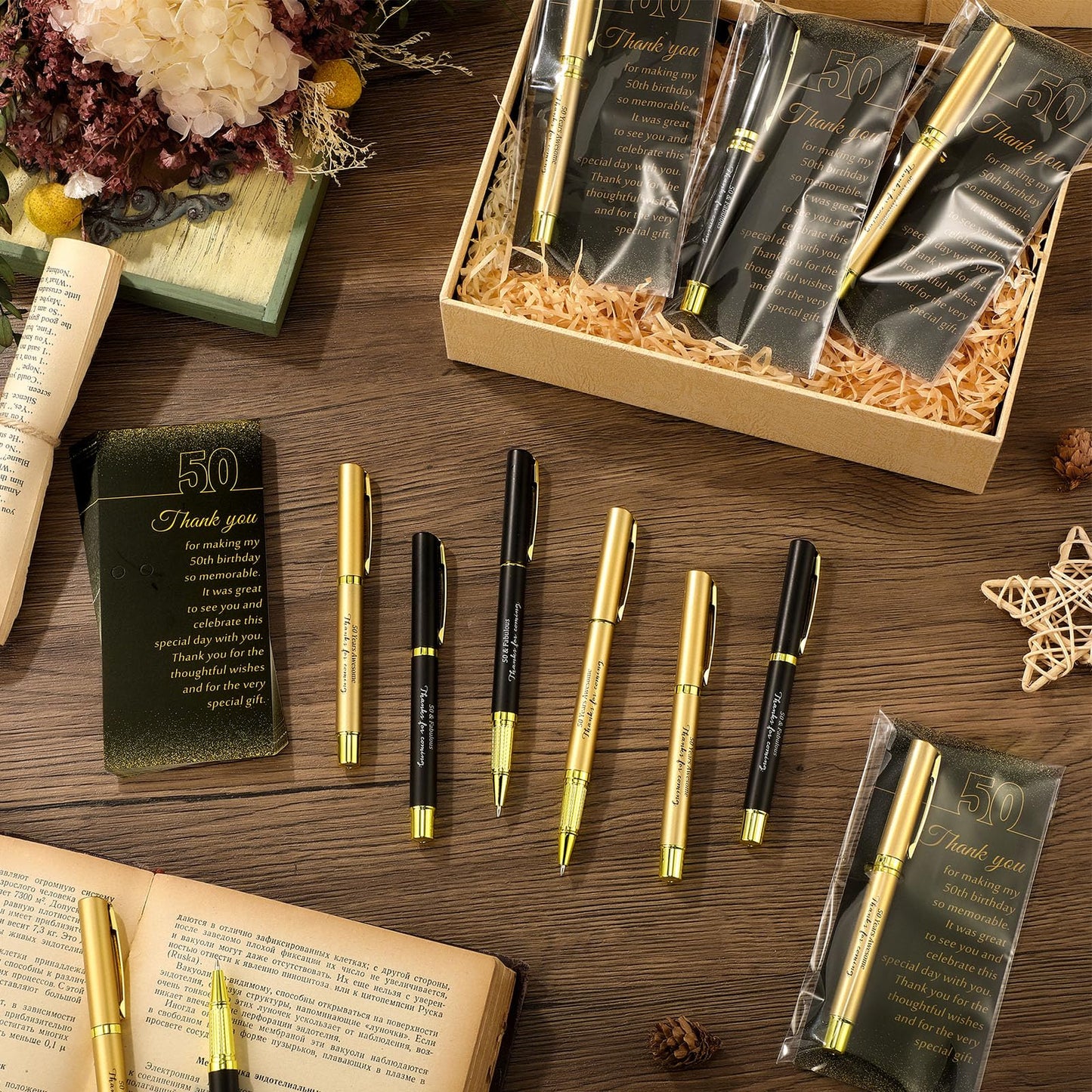 Feifeiya 50 Set 50th Birthday Party Favor for Guest Anniversary Party Favor with Black and Gold Ballpoint Pens and Thank You Cards for Women Men Birthday Anniversary Appreciation Gifts