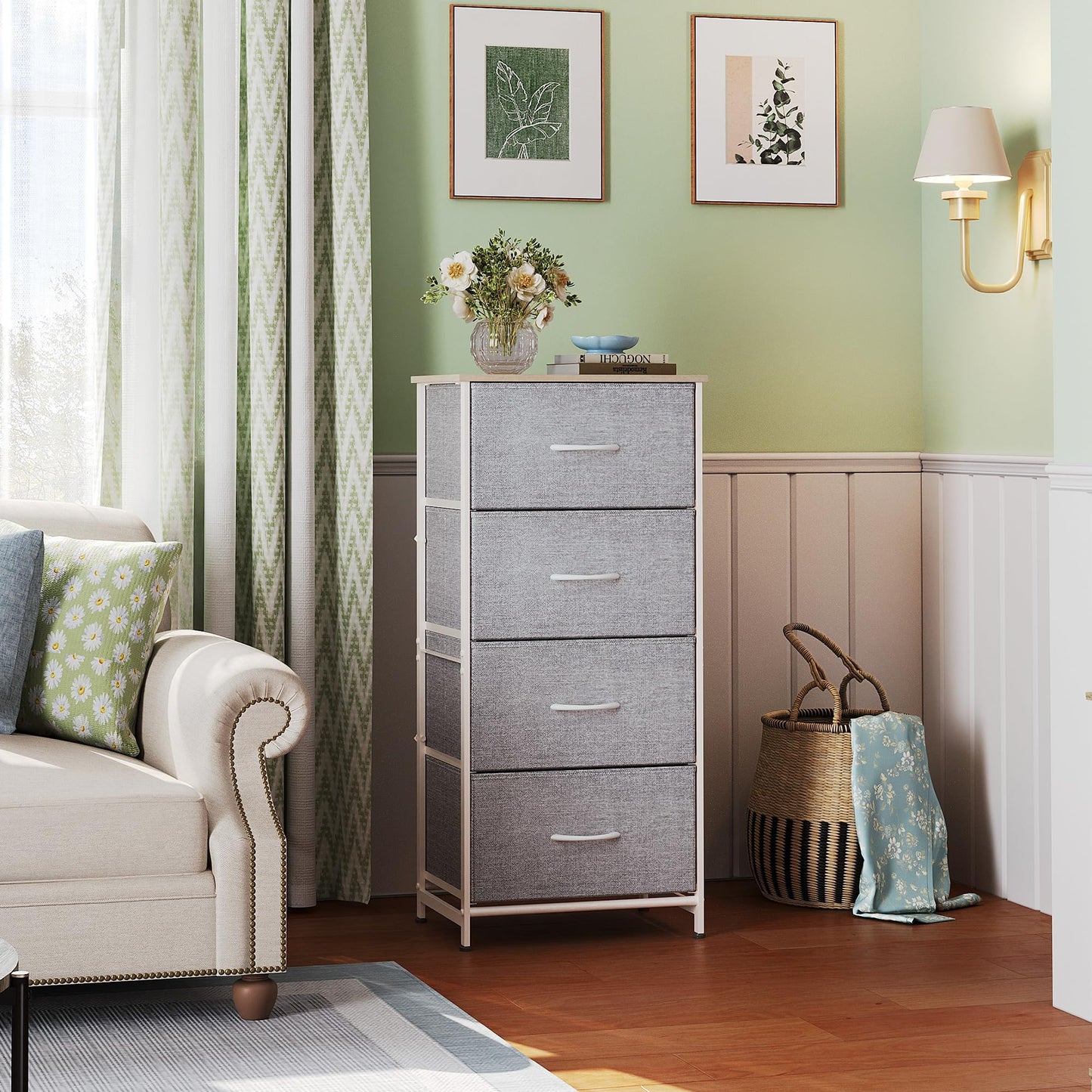 WLIVE 4 Drawers Dresser for Bedroom, Light Grey Fabric Clothes Storage Organizer Unit, Dresser for Hallway, Entryway, Closets, Sturdy Steel Frame, Wood Top