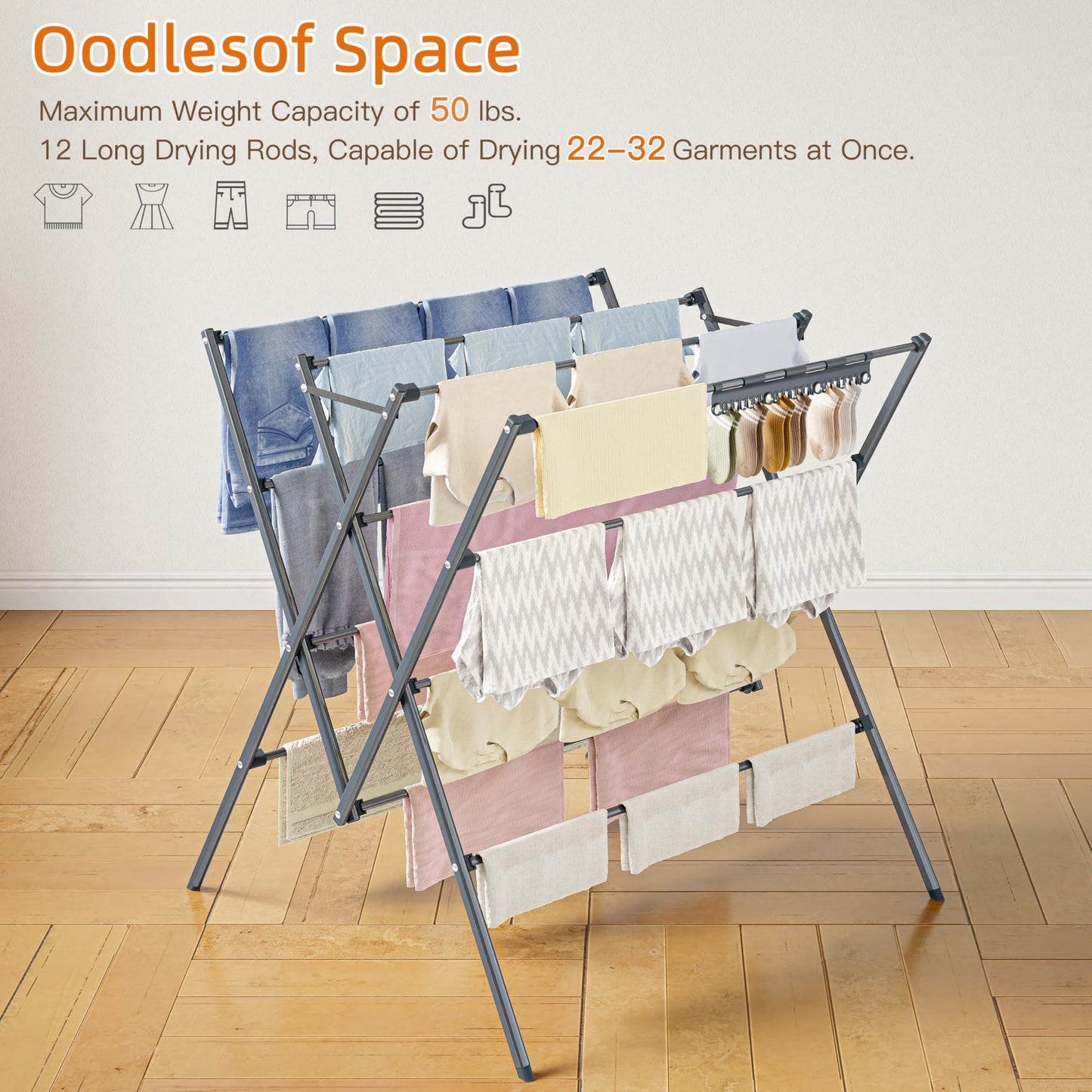HOMIDEC Drying Rack Clothing,Large 12 Drying Poles with Sock Clips Clothes Drying Rack,Foldable Portable Laundry Drying Rack for Air Drying Clothing,Towels,Delicate Eac,Indoor Outdoor Use.Silver