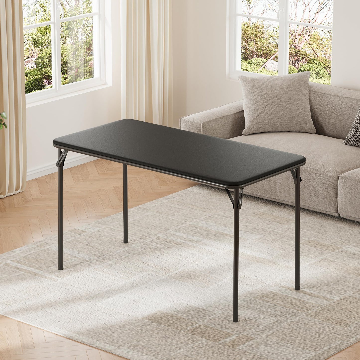 IDEALHOUSE 4 Feet Folding Table, Protable Foldable Card Table, Metal Legs Support, Upholstered PU Leather Tabletop, Heavy Duty, No Assembly Required, Perfet for Indoor and Outdoor, Black