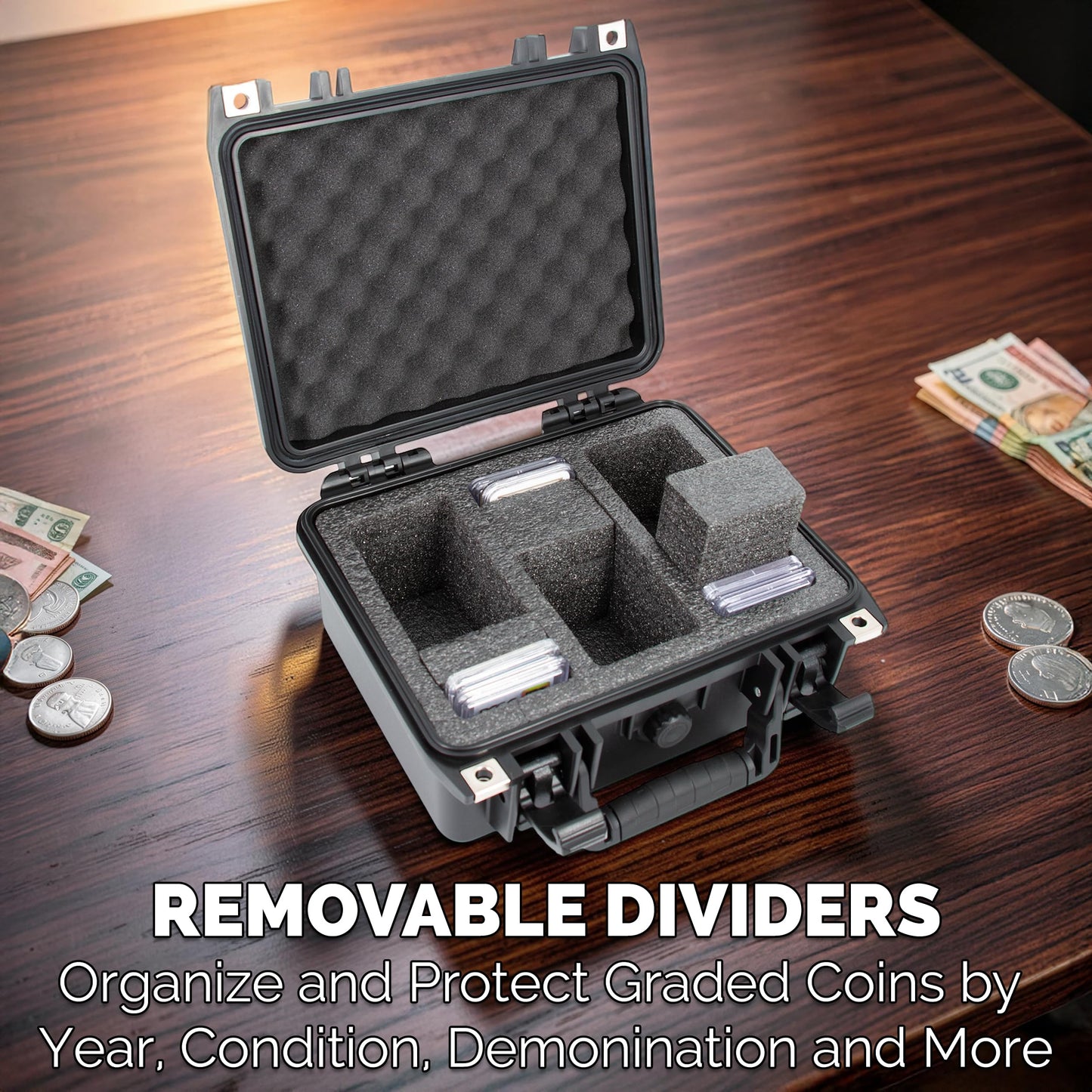 CASEMATIX Graded Coin Slab Case for 42 PCGS & NGC Coin Holders – IP67 Waterproof Coin Storage Box with Precut Foam Rows and Dividers for Coin Collectors, Coin Slabs & Collection Supplies