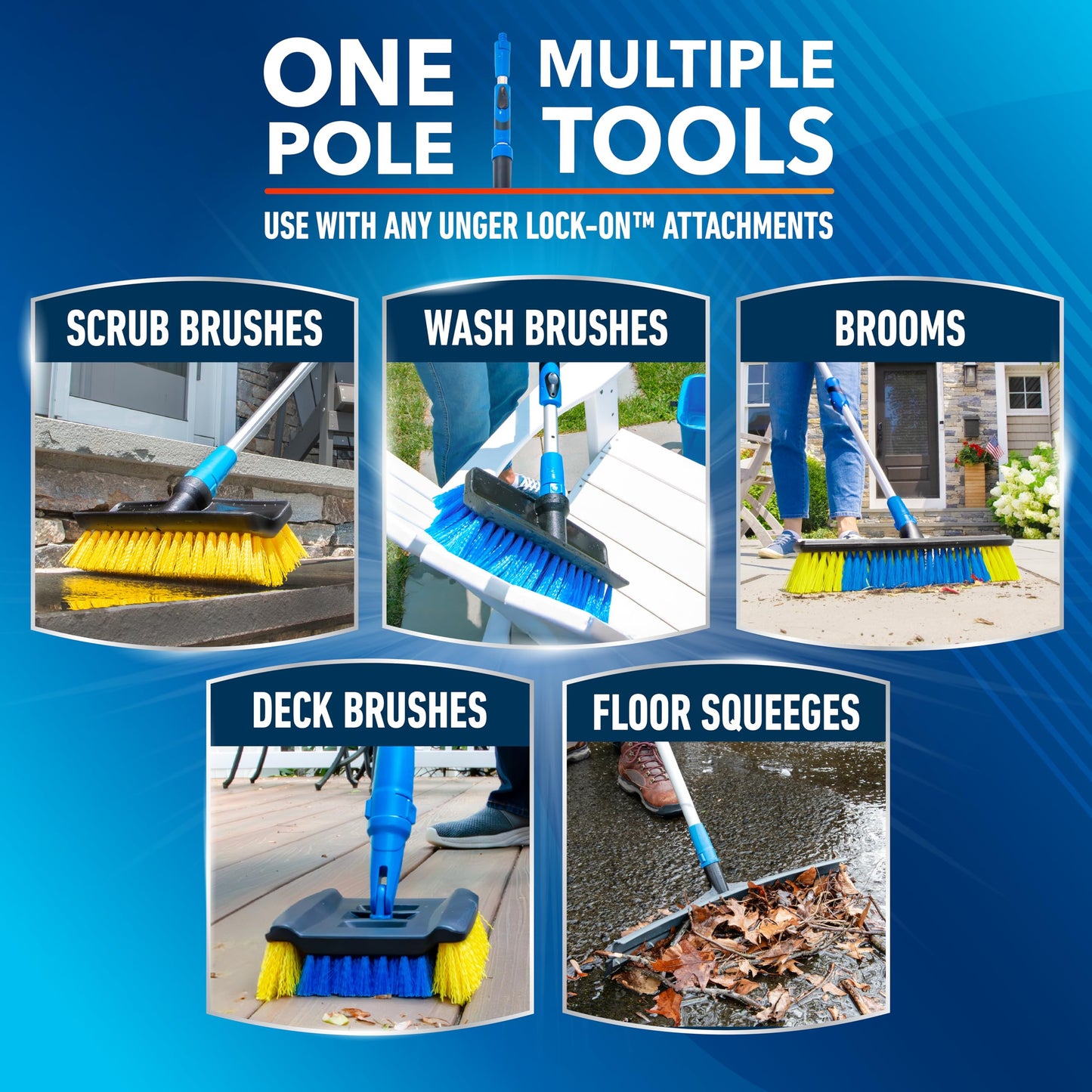 Unger Professional Lock-On EZ Extend Pro Telescopic Pole, Extension 2.6’ to 5.3’, Telescoping Pole for Floor & Surface Cleaning, Use with Lock-On Brushes and Broom Head Cleaning Tools, Indoor/Outdoor