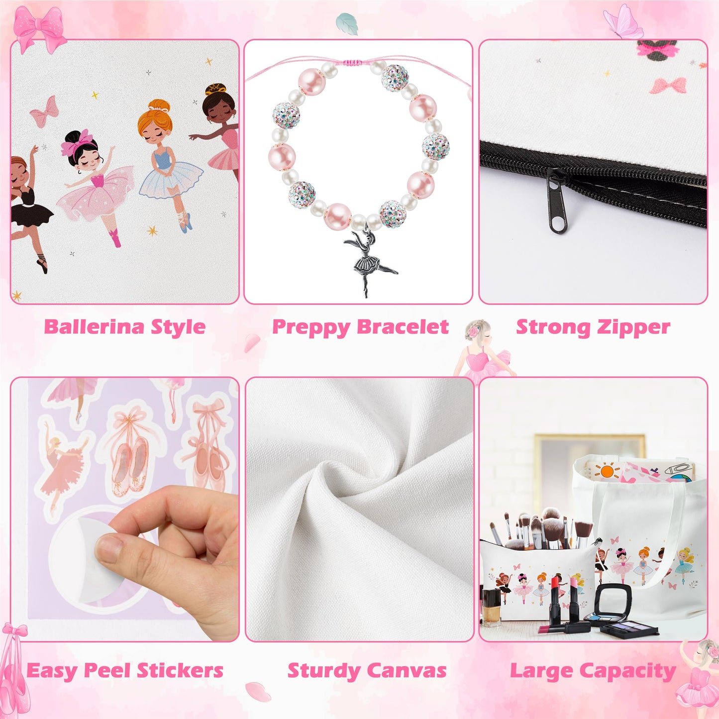 Y1tvei Cute Ballerina Girl Recital Gifts - 64Pcs Ballet Dancing Girl Canvas Tote Bag Makeup Pouch Dance Stickers Sparkly Pink Ballerina Bracelet with Card Ballet Grocery Shopping Bags Stuff for Dancer