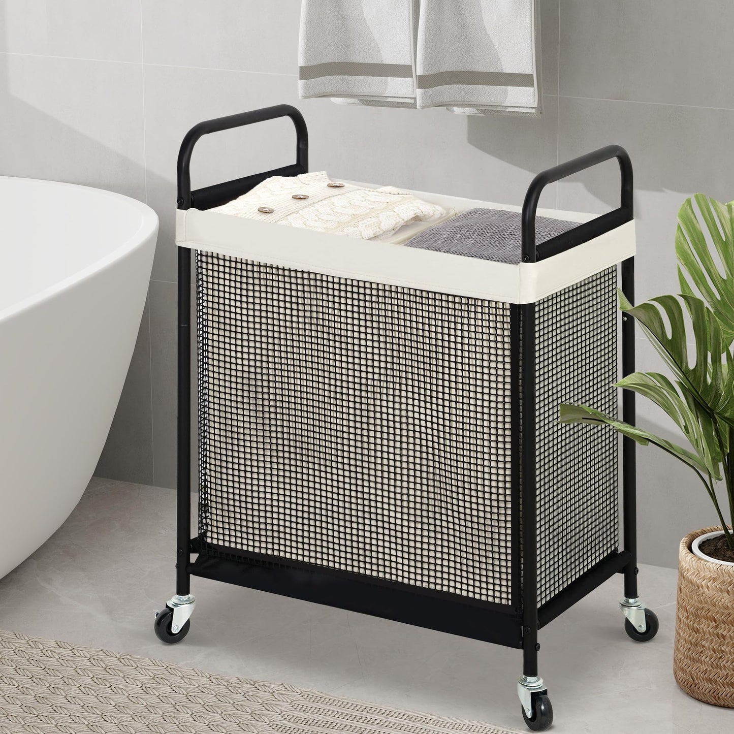 STO STO Laundry Hamper 2 Section, 100L Rolling Laundry Sorter Cart with Removable and Washable Liner Bag, Clothes Hamper with Wheels and Metal Handle for Laundry Room and Bedroom
